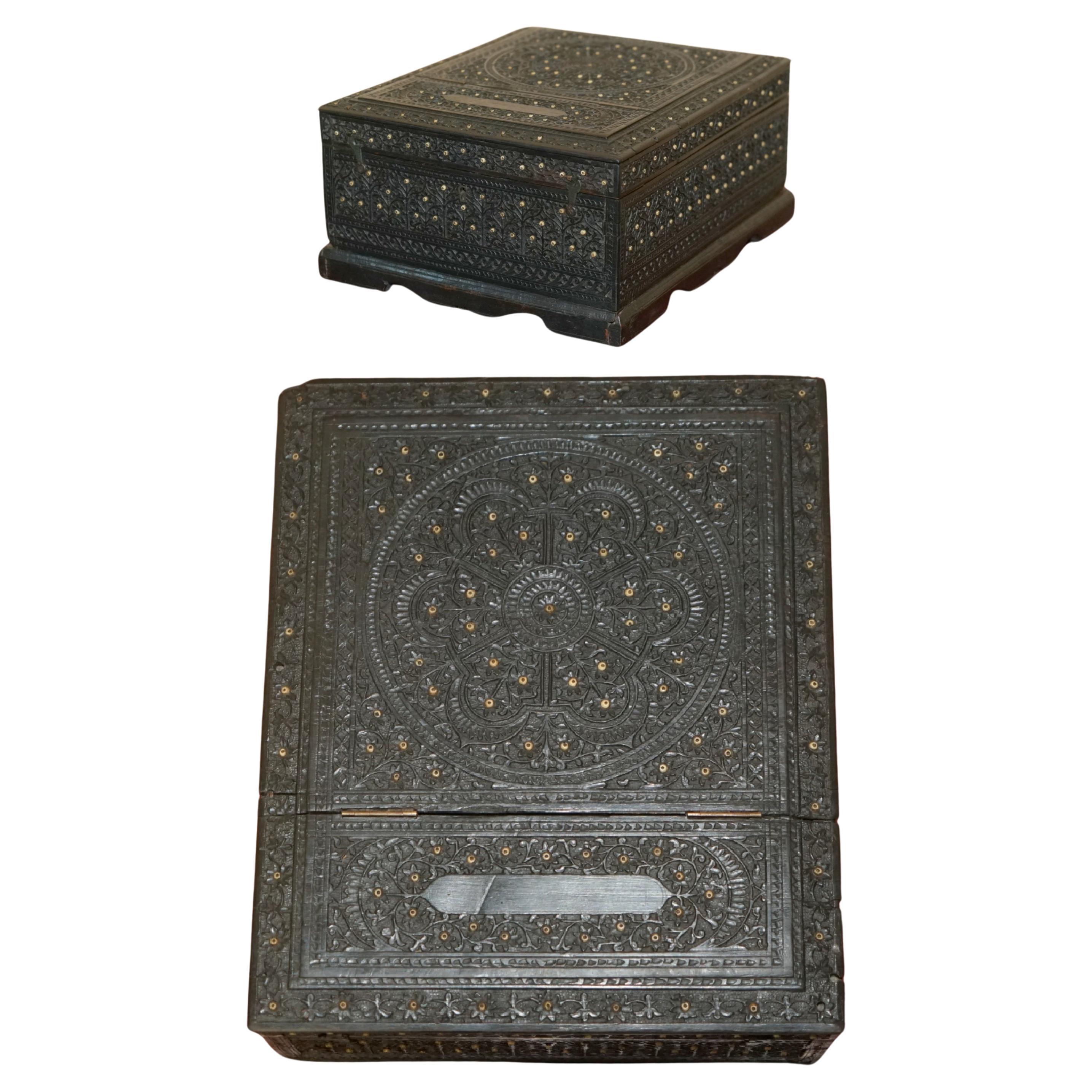 ANTIQUE CiRCA 1880 BURMESE HAND CARVED SEWING BOX WITH THE ORIGINAL CONTENTS For Sale