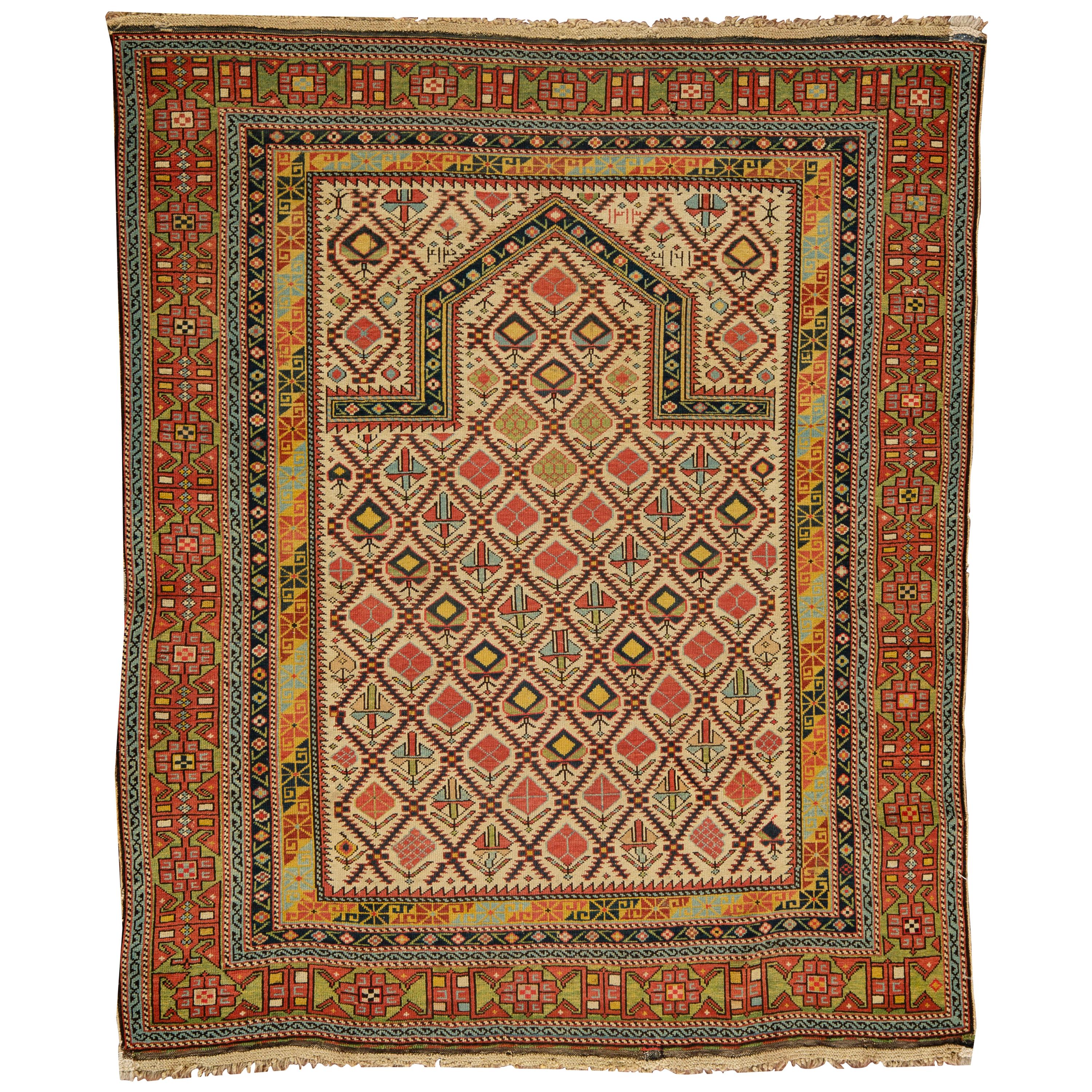 Ancien tapis de prière caucasien Dagestan circa 1880, 4'1 x 4'6