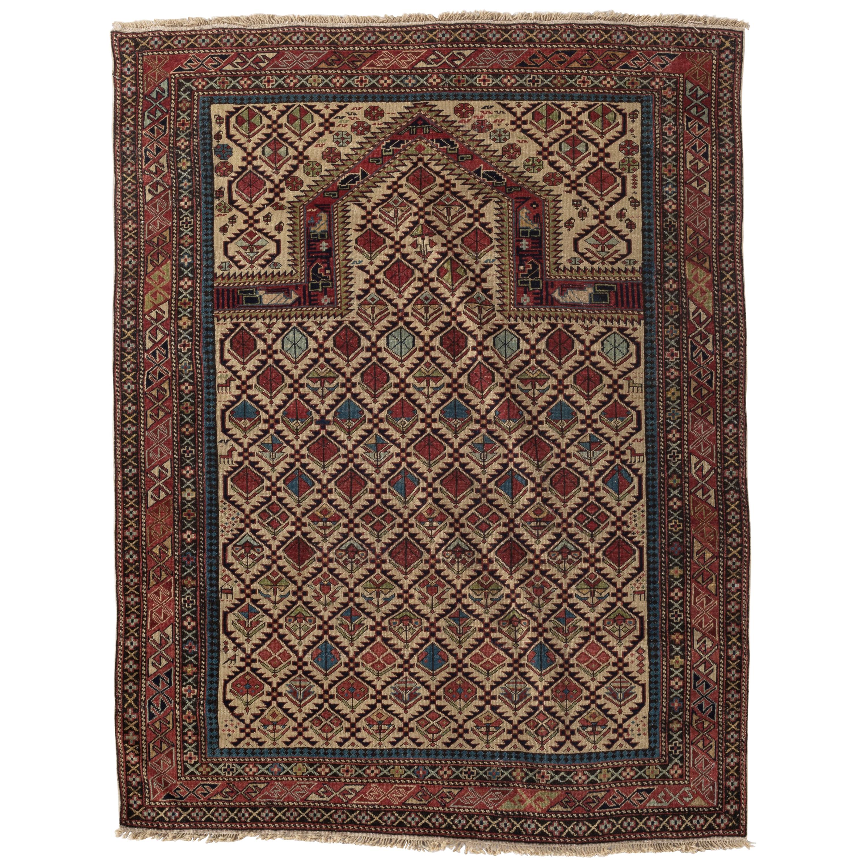 Ancien tapis de prière Dagestan du Caucase, circa 1880