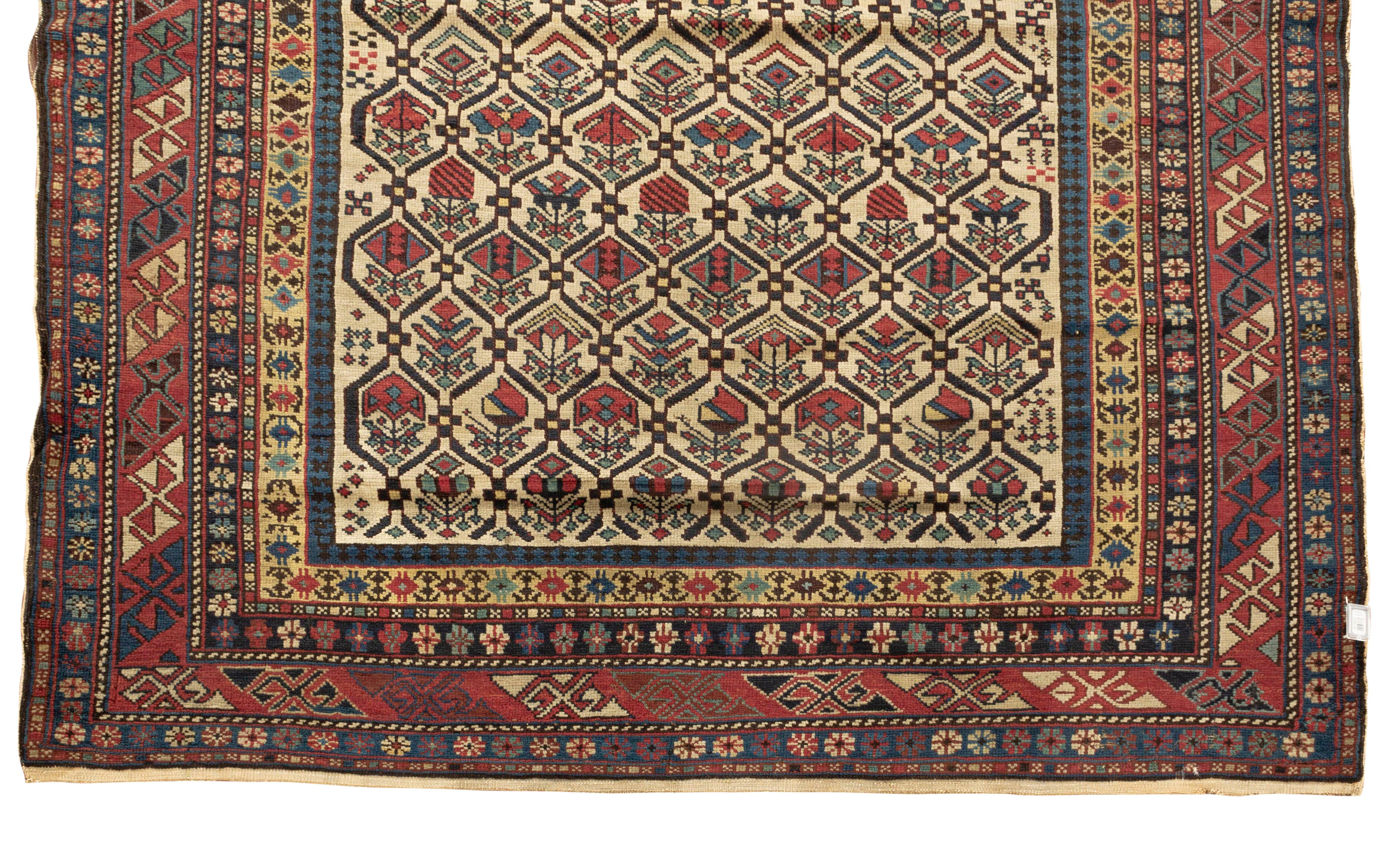 An antique circa 1880 Caucasian Dagestan rug, Dagestan is located inside Russia in the North of Caucasia, up until the 19th century it fell under the control of Persia, so the Persian influence can be seen in the weavings although they are of course