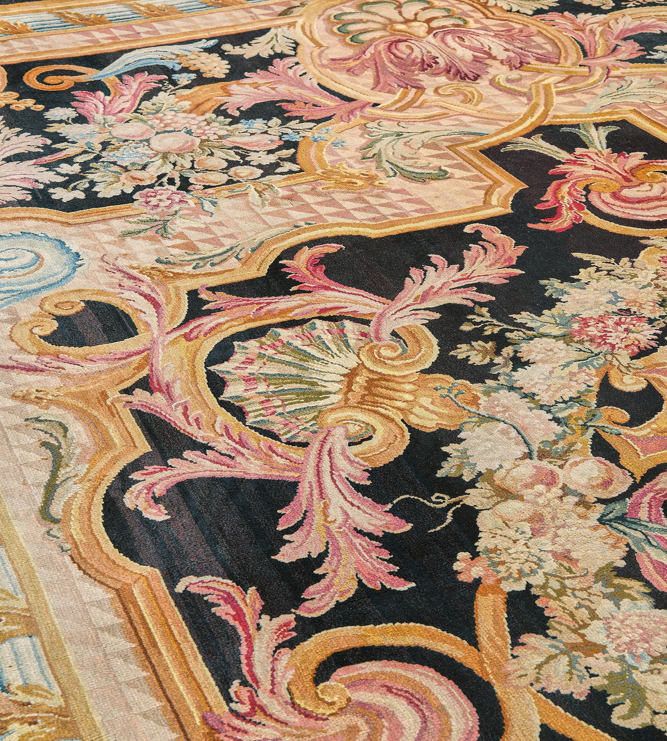 Hand-Knotted Antique Circa-1880 Charcoal Floral  French Savonnerie Rug For Sale