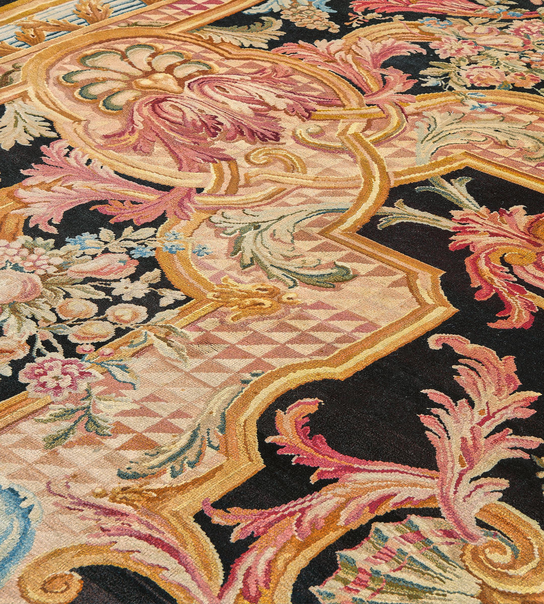 Antique Circa-1880 Charcoal Floral  French Savonnerie Rug In Good Condition For Sale In West Hollywood, CA