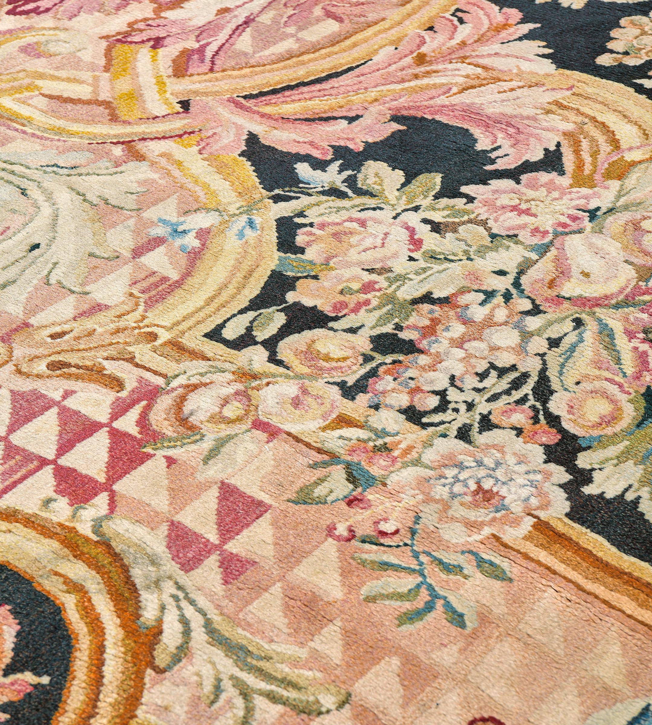 Wool Antique Circa-1880 Charcoal Floral  French Savonnerie Rug For Sale