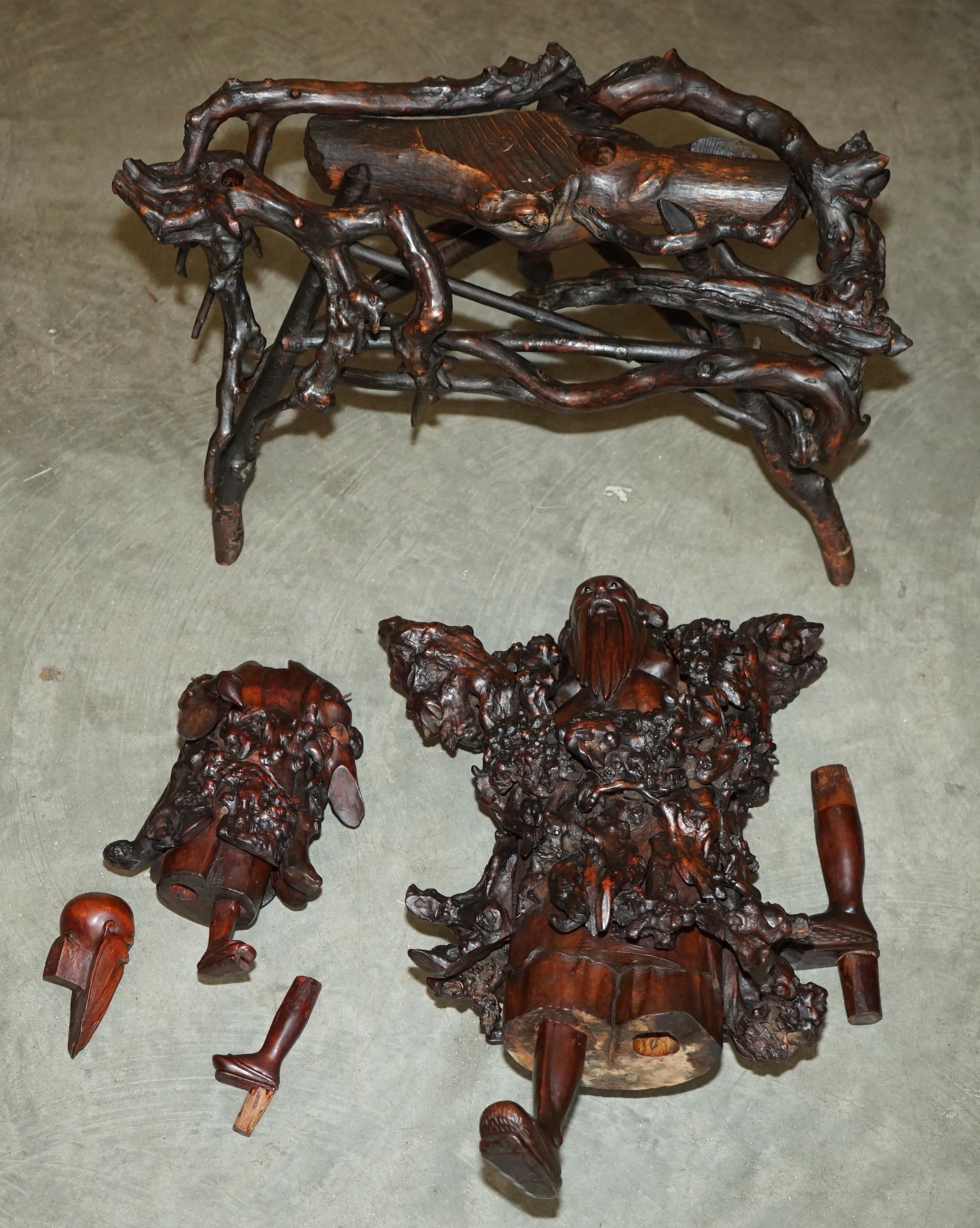 ANTIQUE CIRCA 1880 CHINESE BURR / BURL ROOT WOOD CARViNGS OF WISEMEN ON PLATFORM (CARAVANE DE SAGES SUR PLATE-FORME) en vente 11