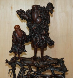 ANTIQUE CIRCA 1880 CHINESE BURR / BURL ROOT WOOD CARViNGS OF WISEMEN ON PLATFORM