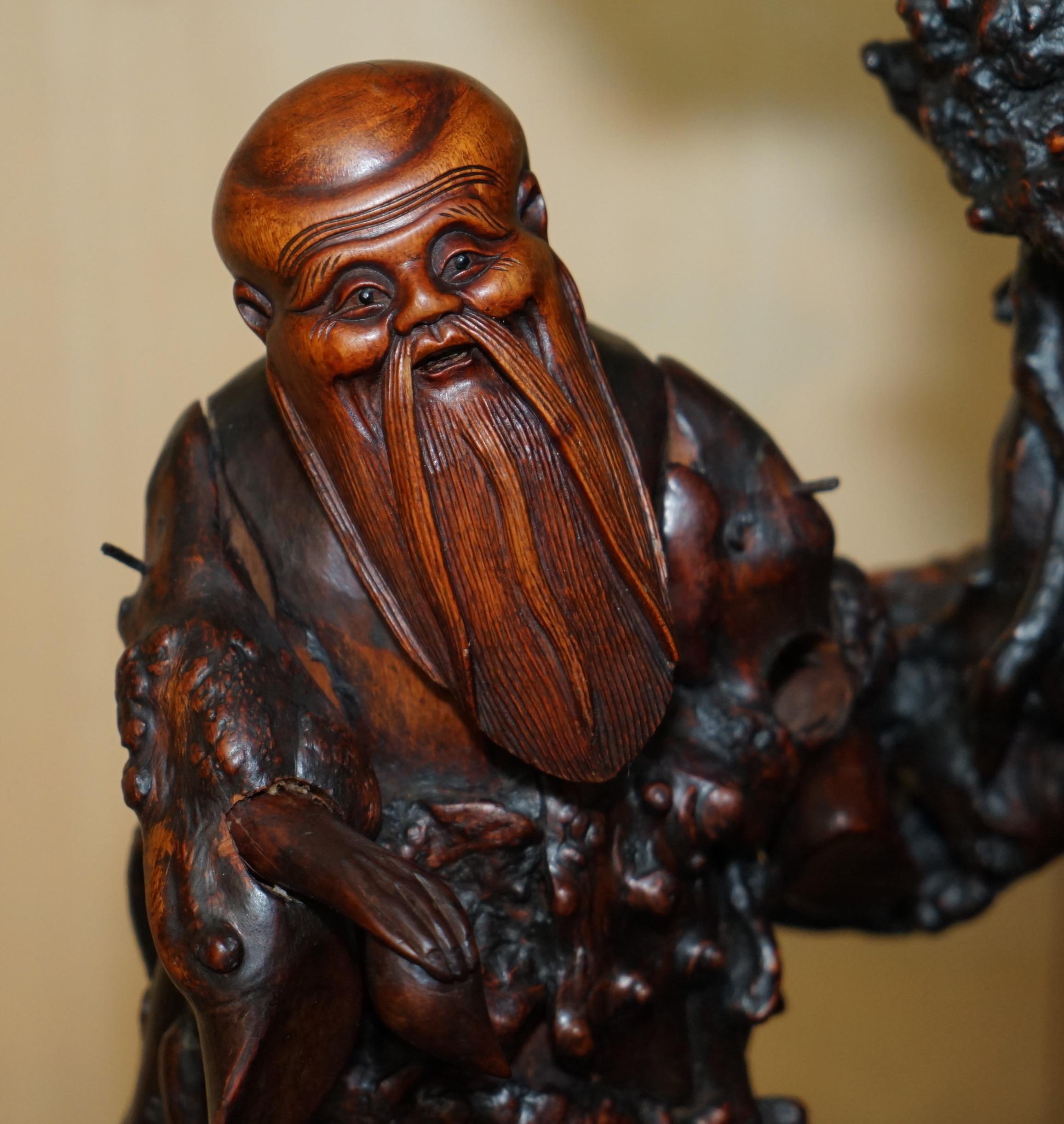 ANTIQUE CIRCA 1880 CHINESE BURR / BURL ROOT WOOD CARViNGS OF WISEMEN ON PLATFORM (CARAVANE DE SAGES SUR PLATE-FORME) en vente 1