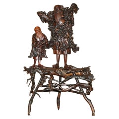 ANTIQUE CIRCA 1880 CHINESE BURR / BURL ROOT WOOD CARViNGS OF WISEMEN ON PLATFORM