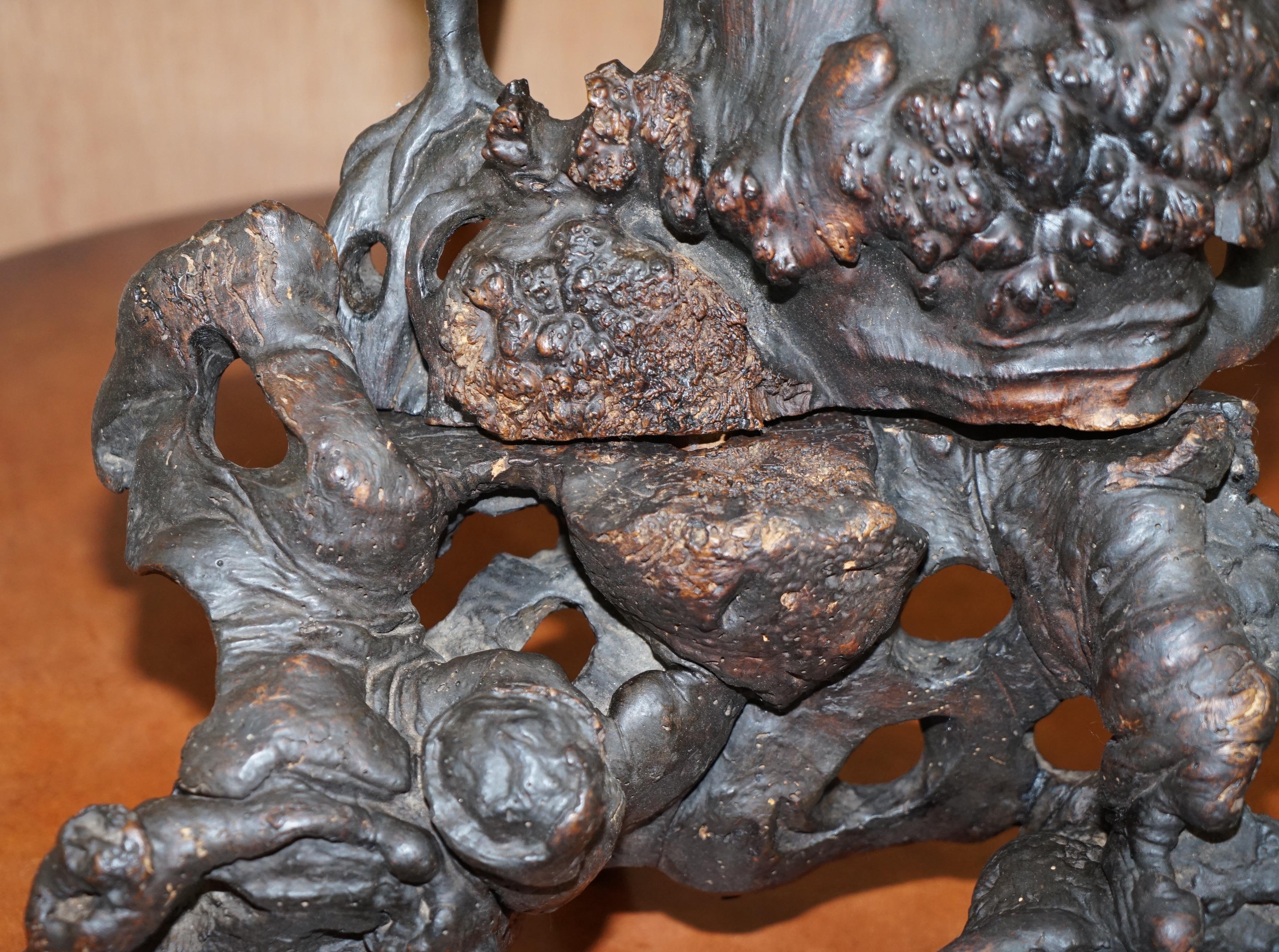 Fin du XIXe siècle Ancienne sculpture en bois de racine chinoise datant d'environ 1880 représentant un bouddhiste en guise de sagesse, très détectée en vente