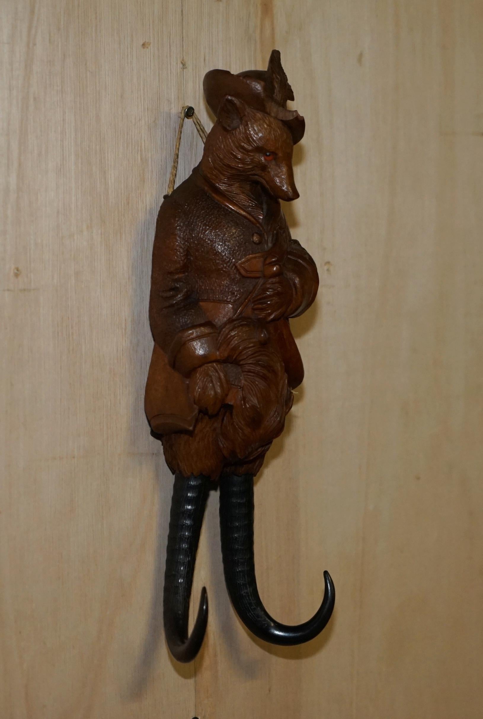 Antique circa 1880 Collectable Black Forest Hand Carved Fox Whip Hook Glass Eyes For Sale 4