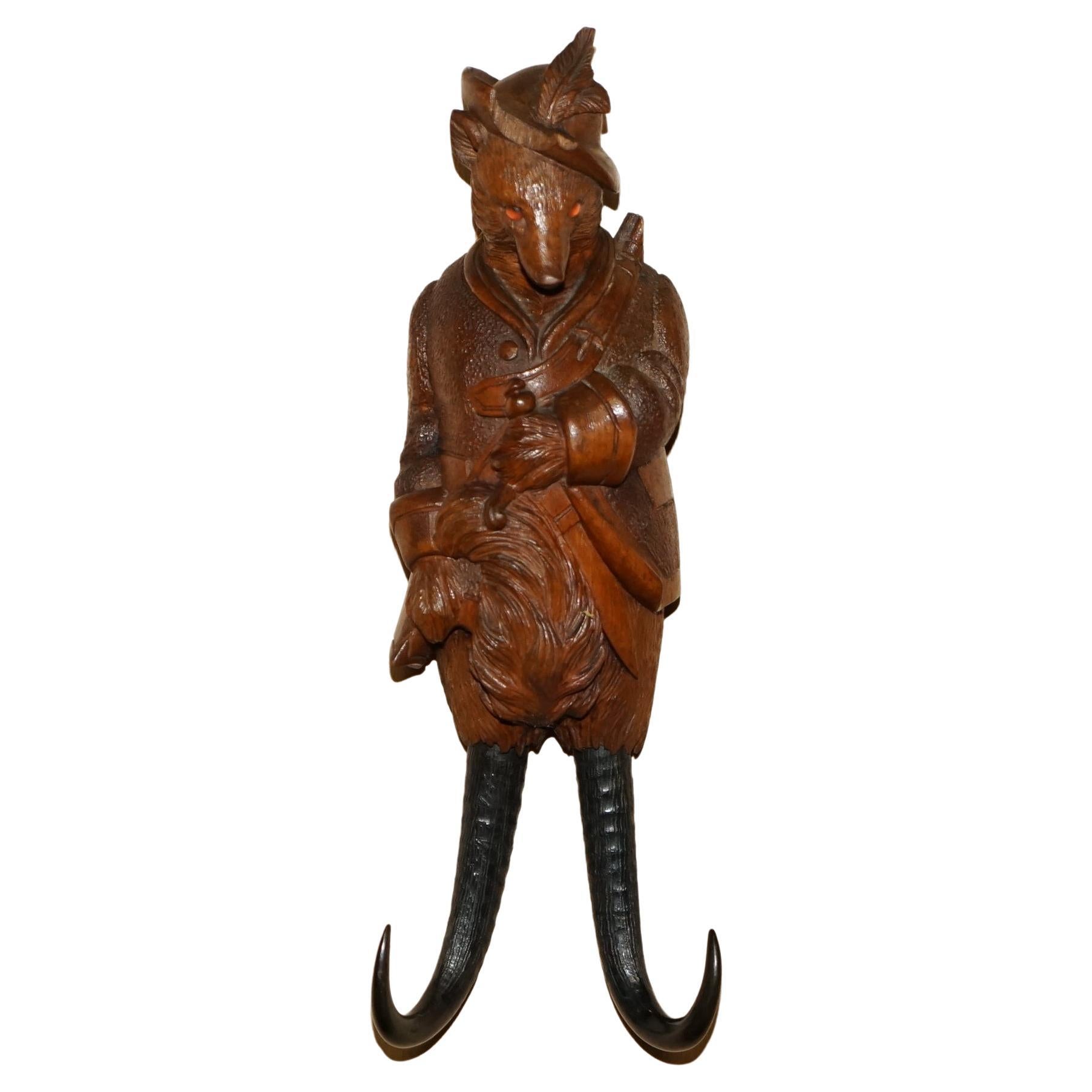 Antique circa 1880 Collectable Black Forest Hand Carved Fox Whip Hook Glass Eyes For Sale