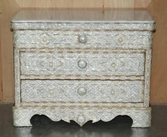 ANTIQUE CiRCA 1880 DAMASCUS WEDDING CHEST OF DRAWERS MOTHER OF PEARL & MARBLE
