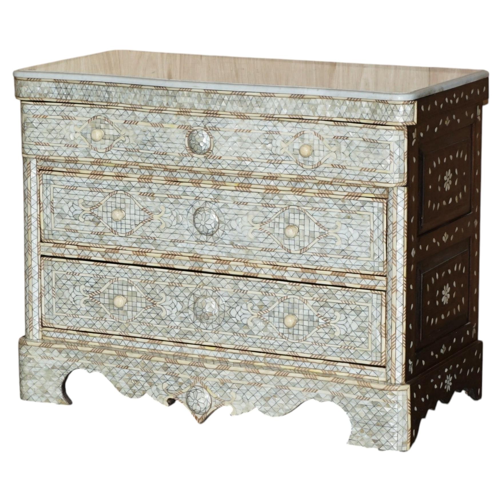 ANTIQUE CiRCA 1880 DAMASCUS WEDDING CHEST OF DRAWERS MOTHER OF PEARL & MARBLE