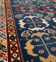 Antique Wool Hand-Woven Circa-1880 Navy-Blue Floral Caucasian Runner