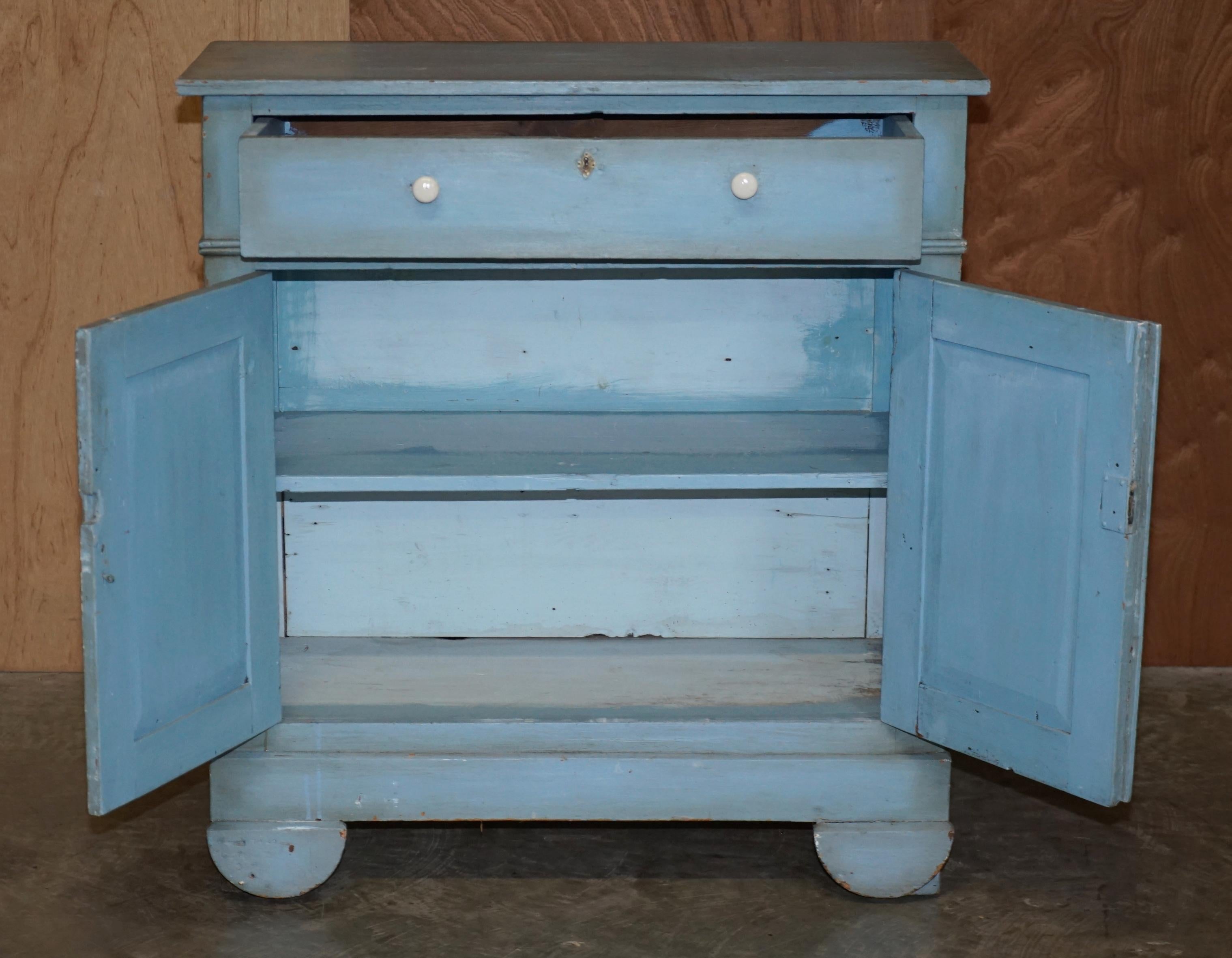 Antique circa 1880 French Hand Painted Duck Blue Pine Kitchen Sideboard Buffet For Sale 5