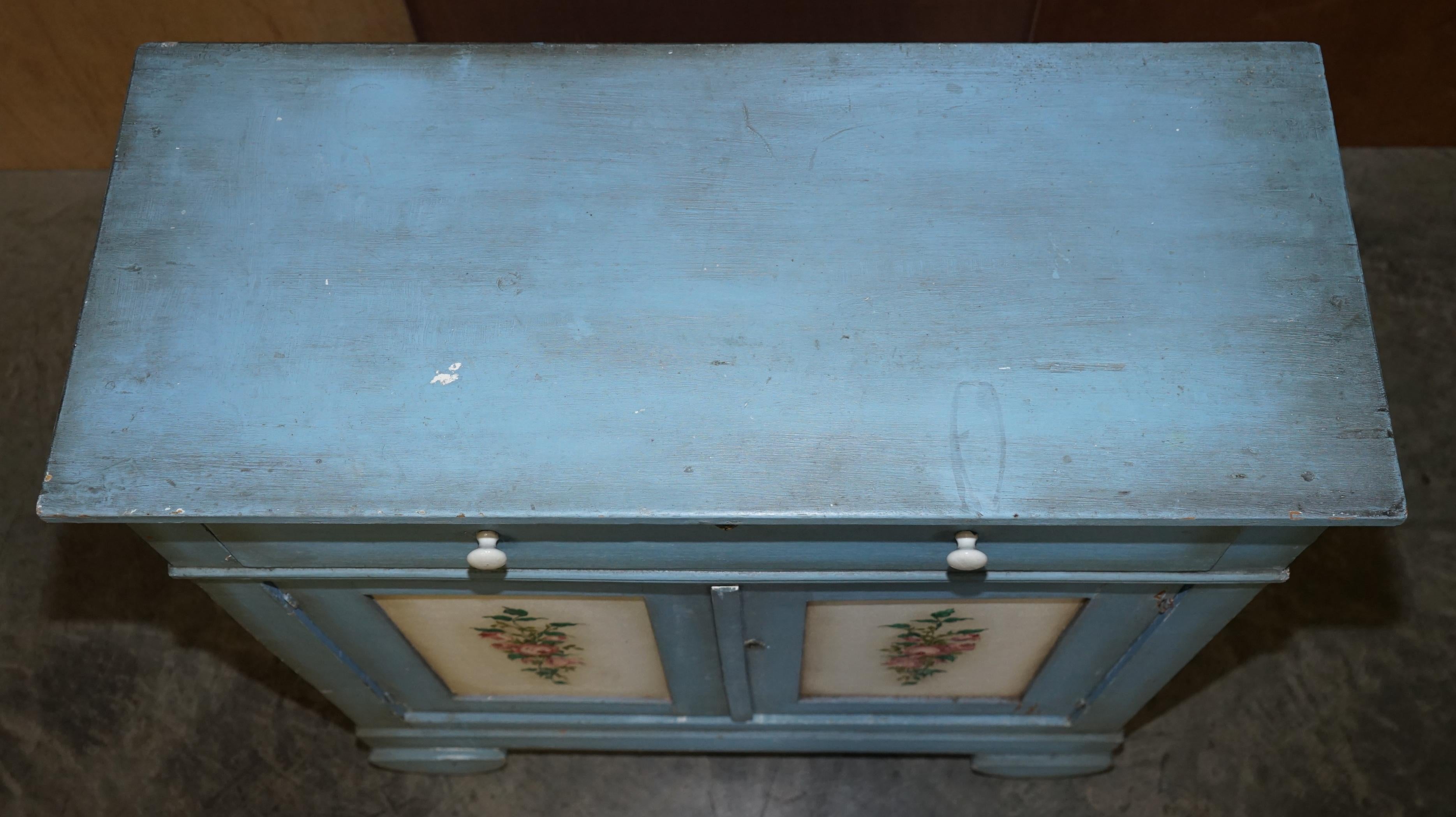 High Victorian Antique circa 1880 French Hand Painted Duck Blue Pine Kitchen Sideboard Buffet For Sale