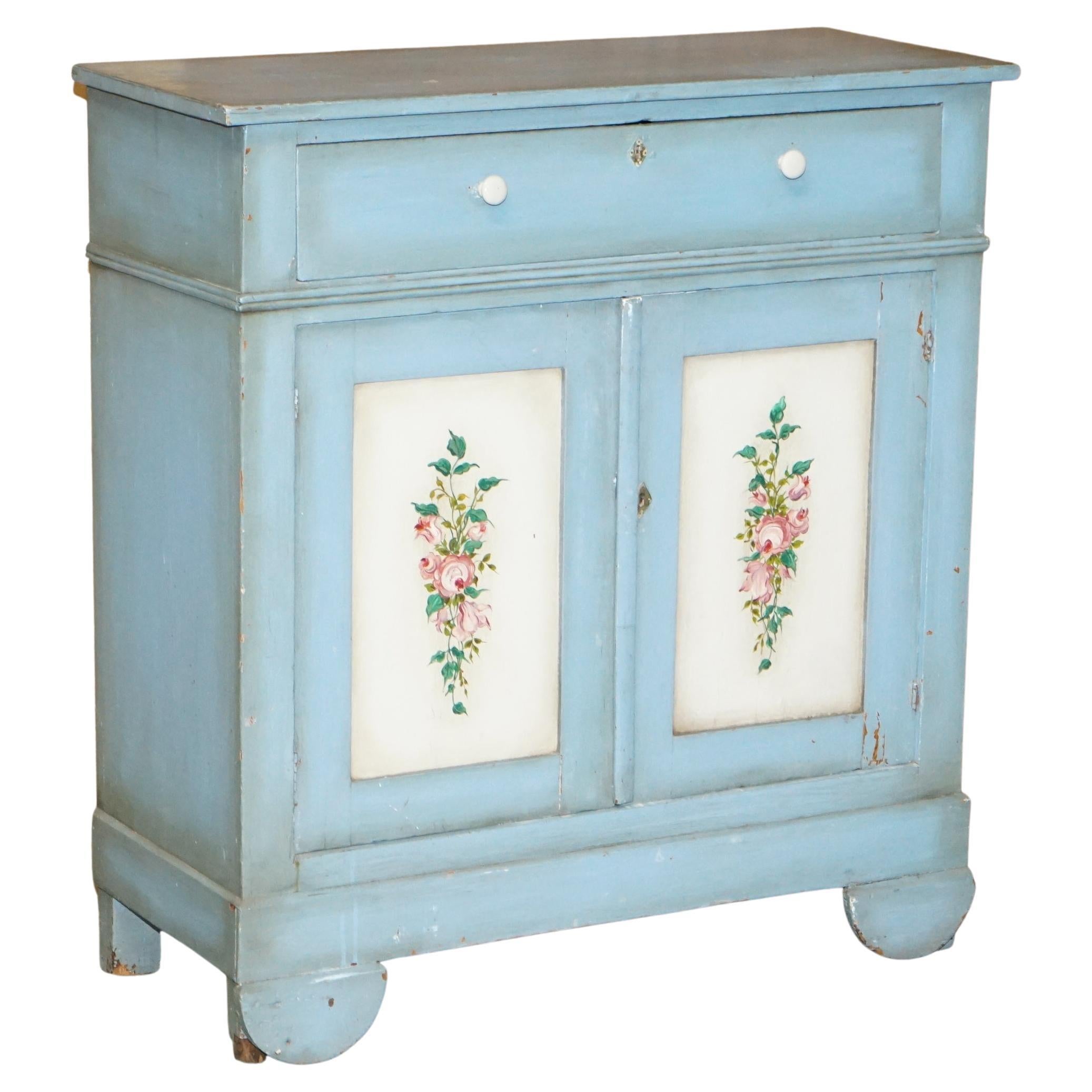 Antique circa 1880 French Hand Painted Duck Blue Pine Kitchen Sideboard Buffet For Sale
