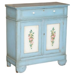 Antique circa 1880 French Hand Painted Duck Blue Pine Kitchen Sideboard Buffet