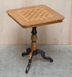 Antique circa 1880 Fruitwood, Satinwood & Walnut Chess Board Tripod Table
