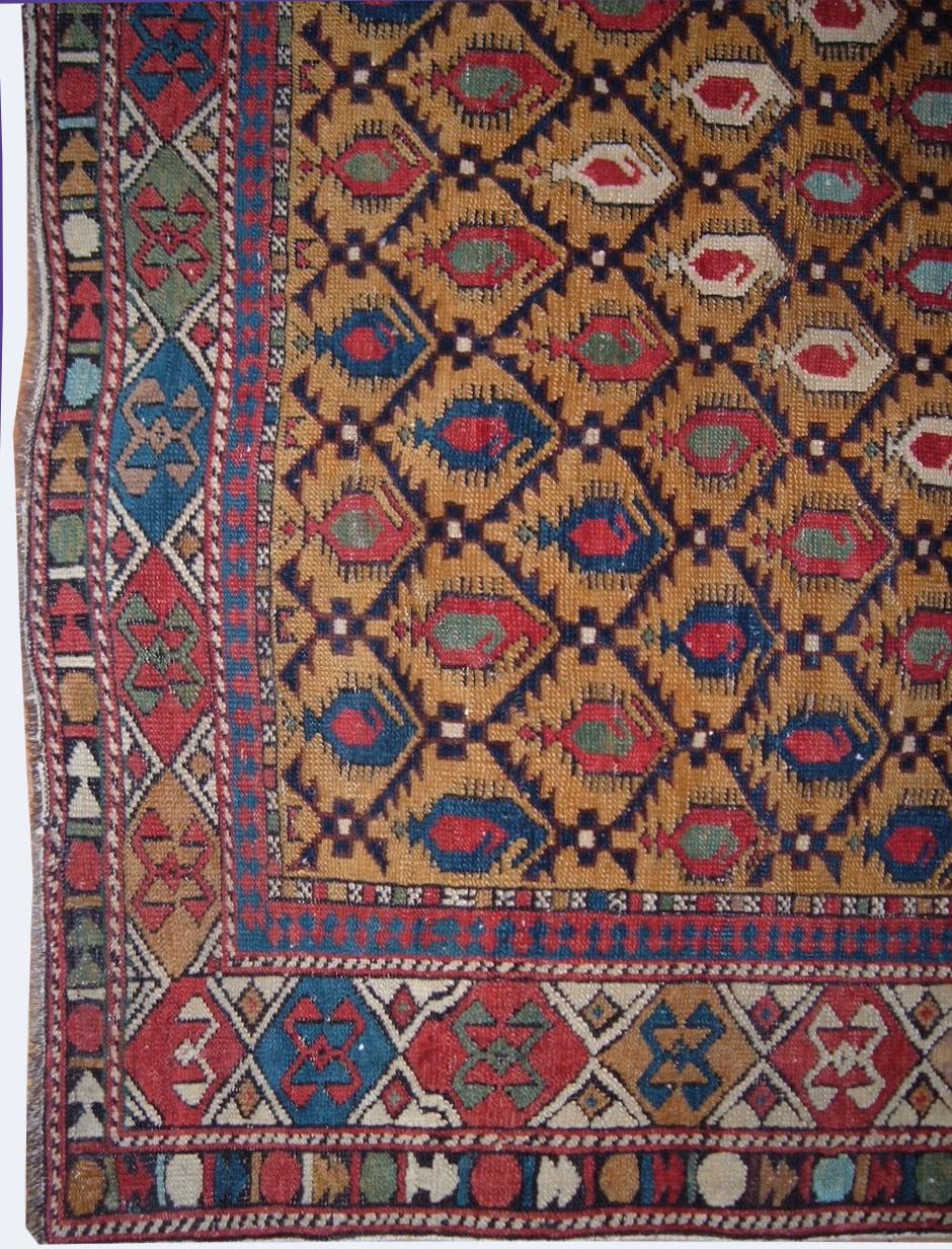 Antiquities Circa 1880 Gold Caucasian Shirvan Marasali Hand Knotsted Rug 4' X 4'10 Bon état - En vente à New York, NY