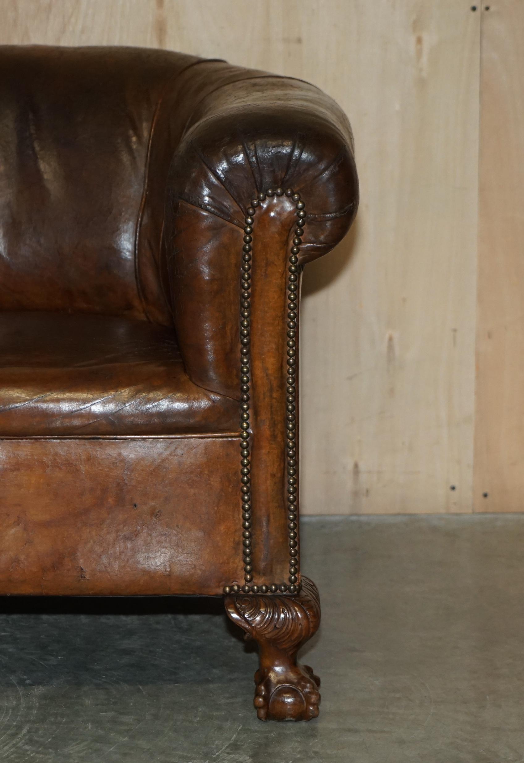 Antique circa 1880 Hand Carved Claw & Ball Feet Brown Leather Club Tub Armchair For Sale 4