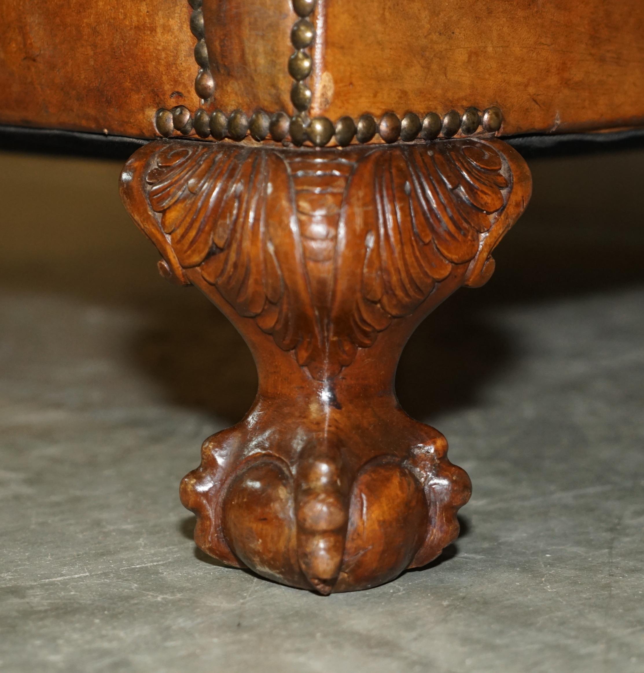 Antique circa 1880 Hand Carved Claw & Ball Feet Brown Leather Club Tub Armchair For Sale 6