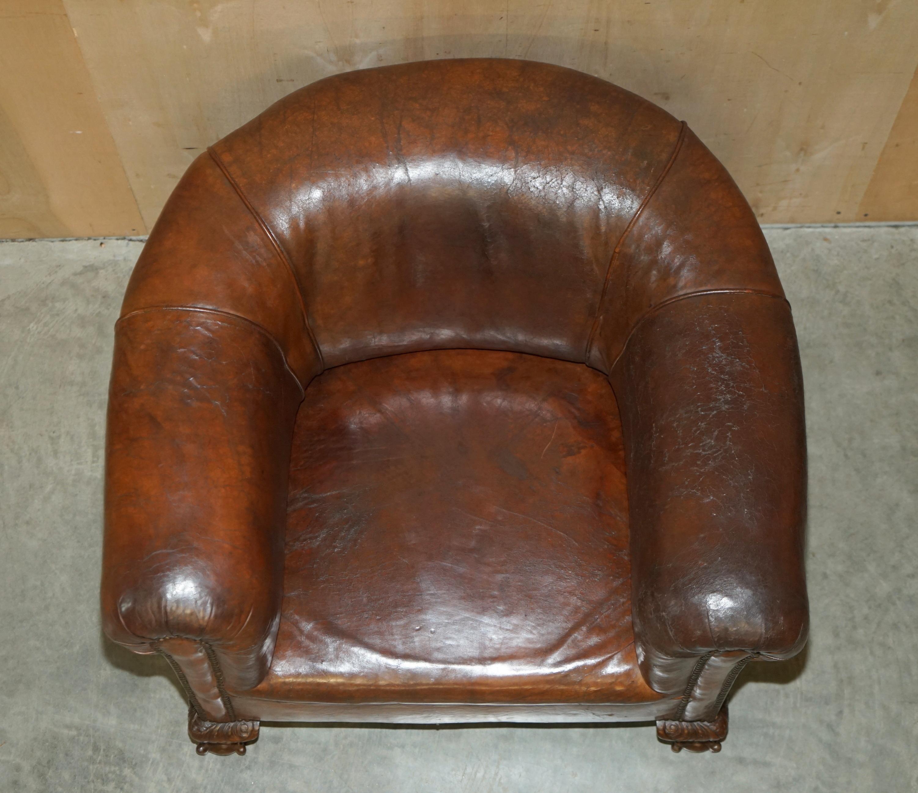 Antique circa 1880 Hand Carved Claw & Ball Feet Brown Leather Club Tub Armchair For Sale 7