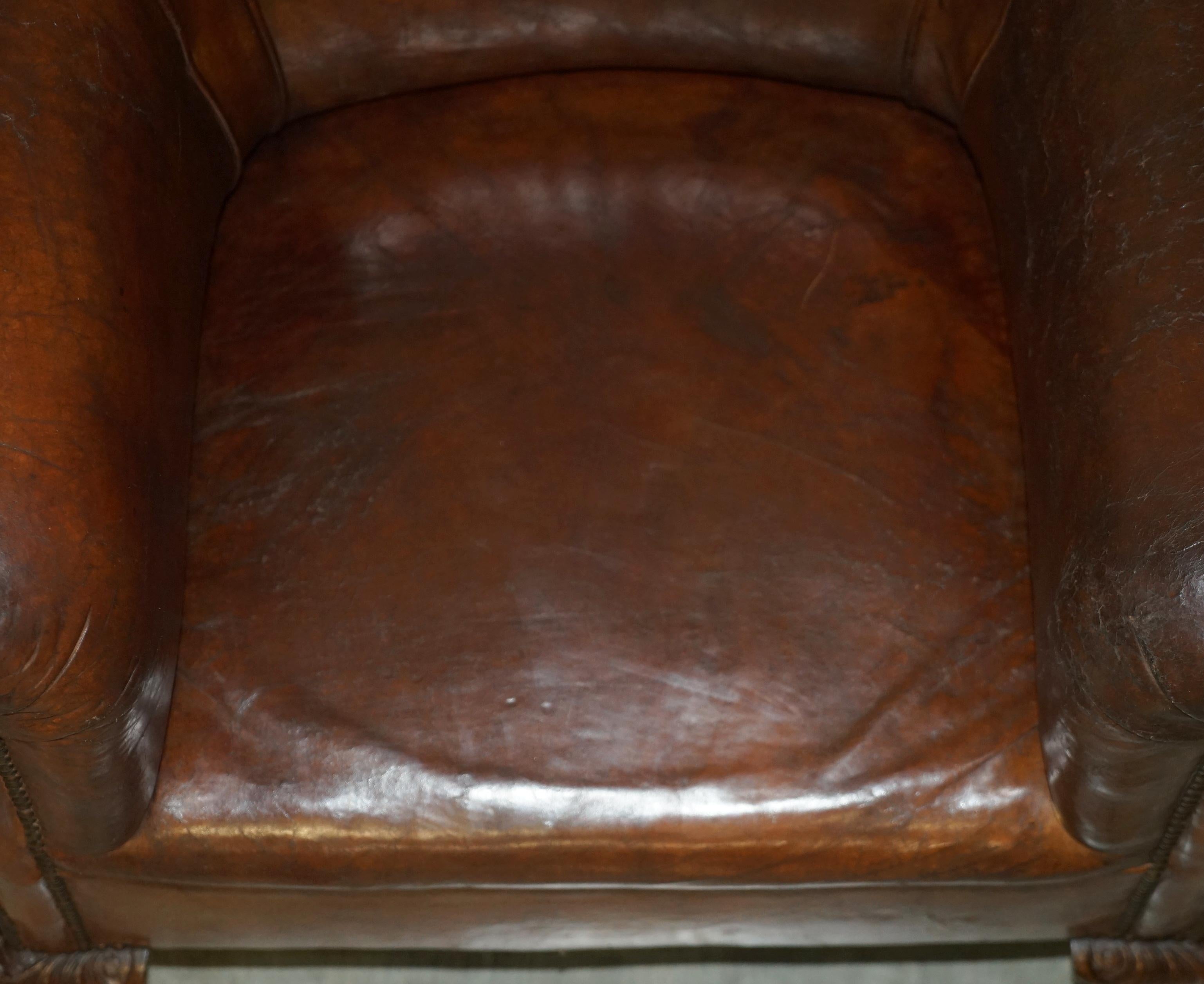 Antique circa 1880 Hand Carved Claw & Ball Feet Brown Leather Club Tub Armchair For Sale 8