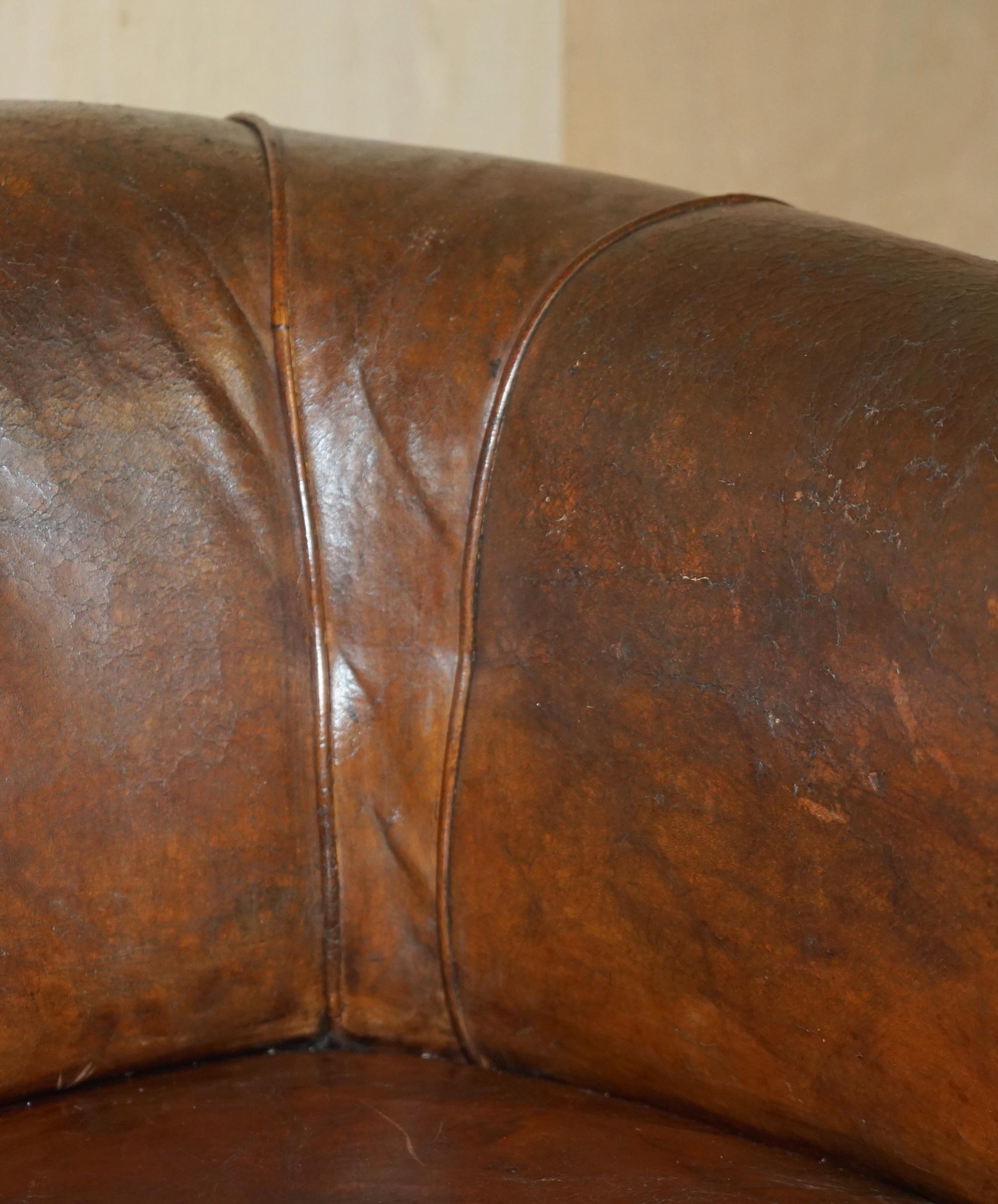 Antique circa 1880 Hand Carved Claw & Ball Feet Brown Leather Club Tub Armchair For Sale 9