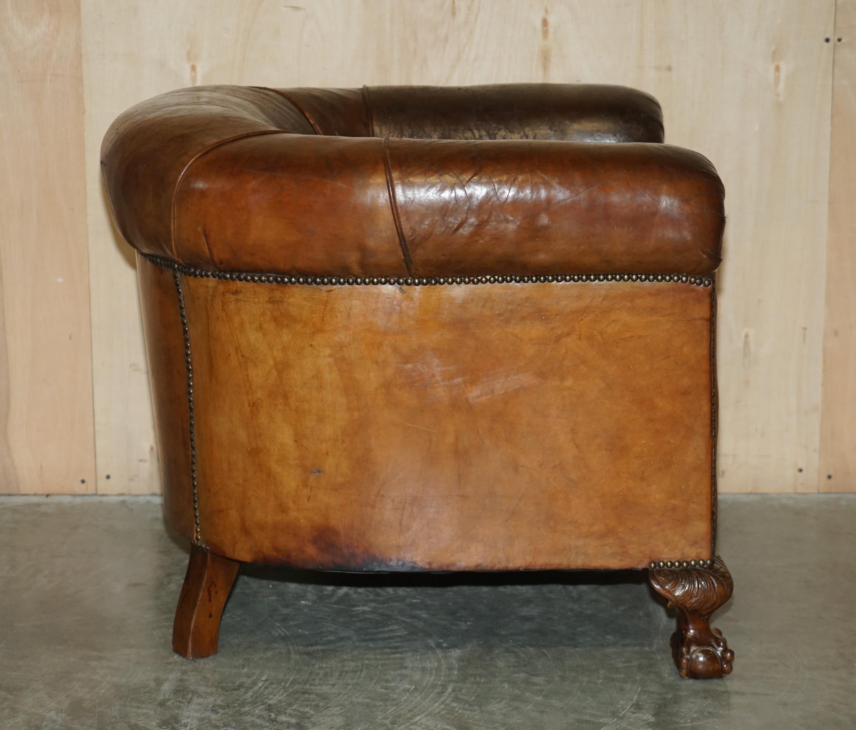 Antique circa 1880 Hand Carved Claw & Ball Feet Brown Leather Club Tub Armchair For Sale 10