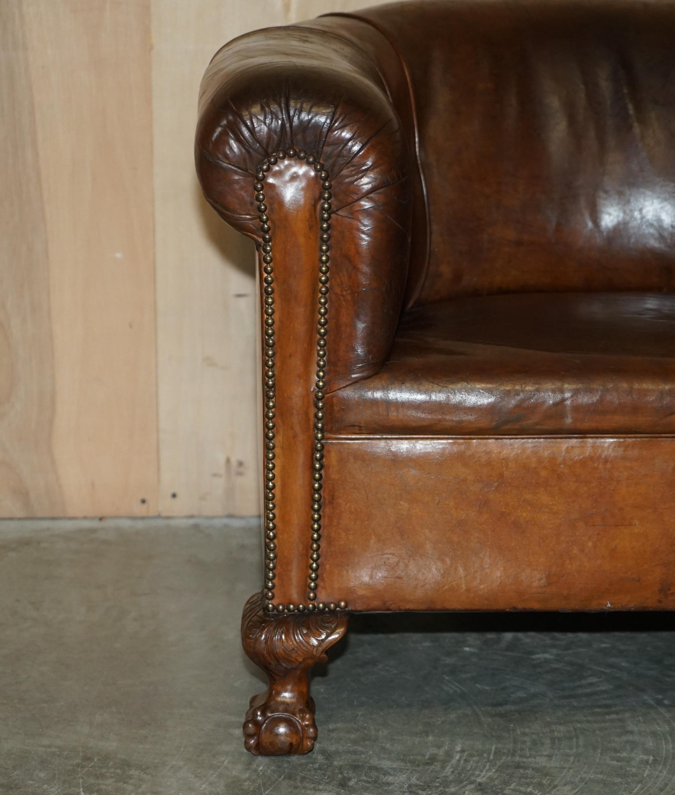 Antique circa 1880 Hand Carved Claw & Ball Feet Brown Leather Club Tub Armchair For Sale 1