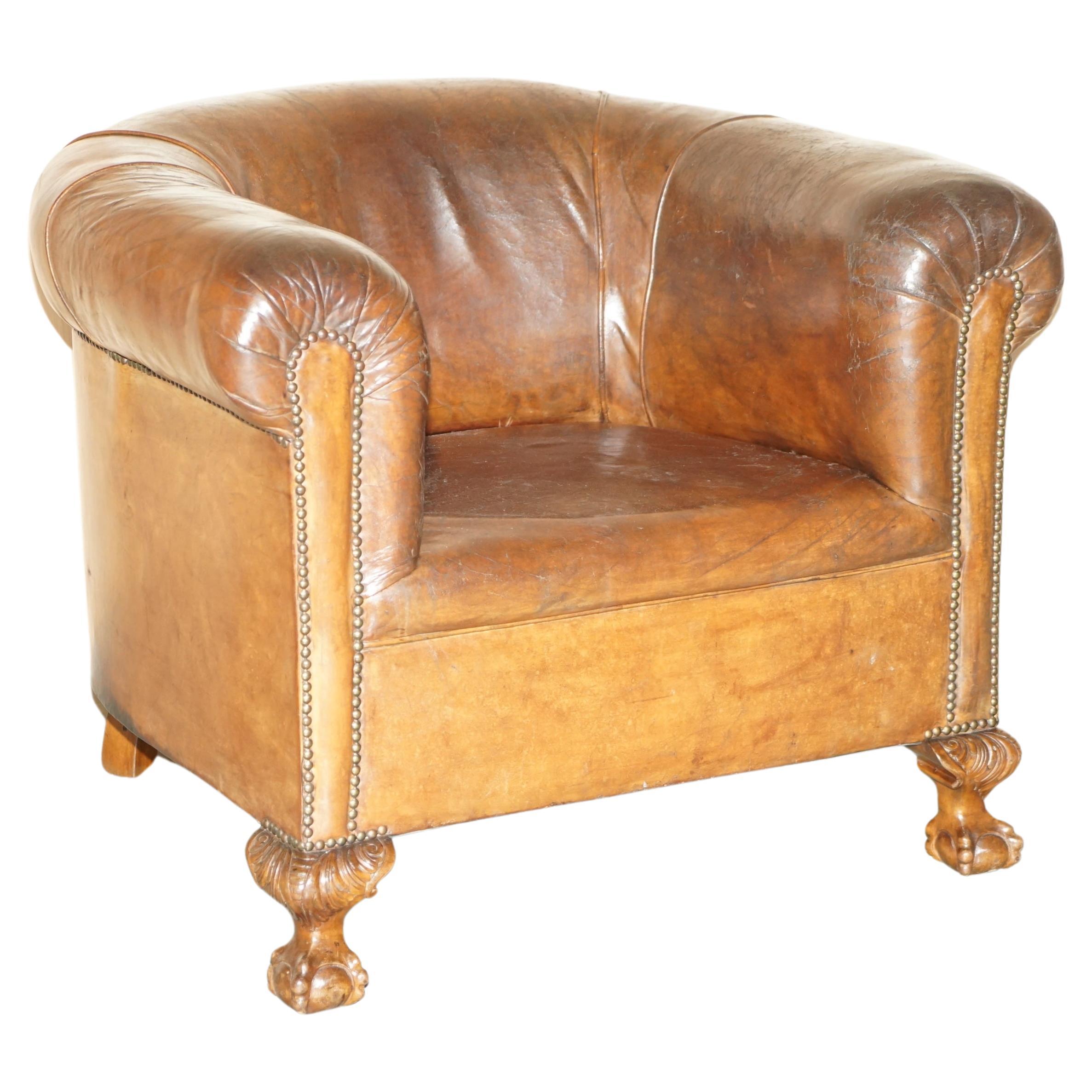 Antique circa 1880 Hand Carved Claw & Ball Feet Brown Leather Club Tub Armchair For Sale