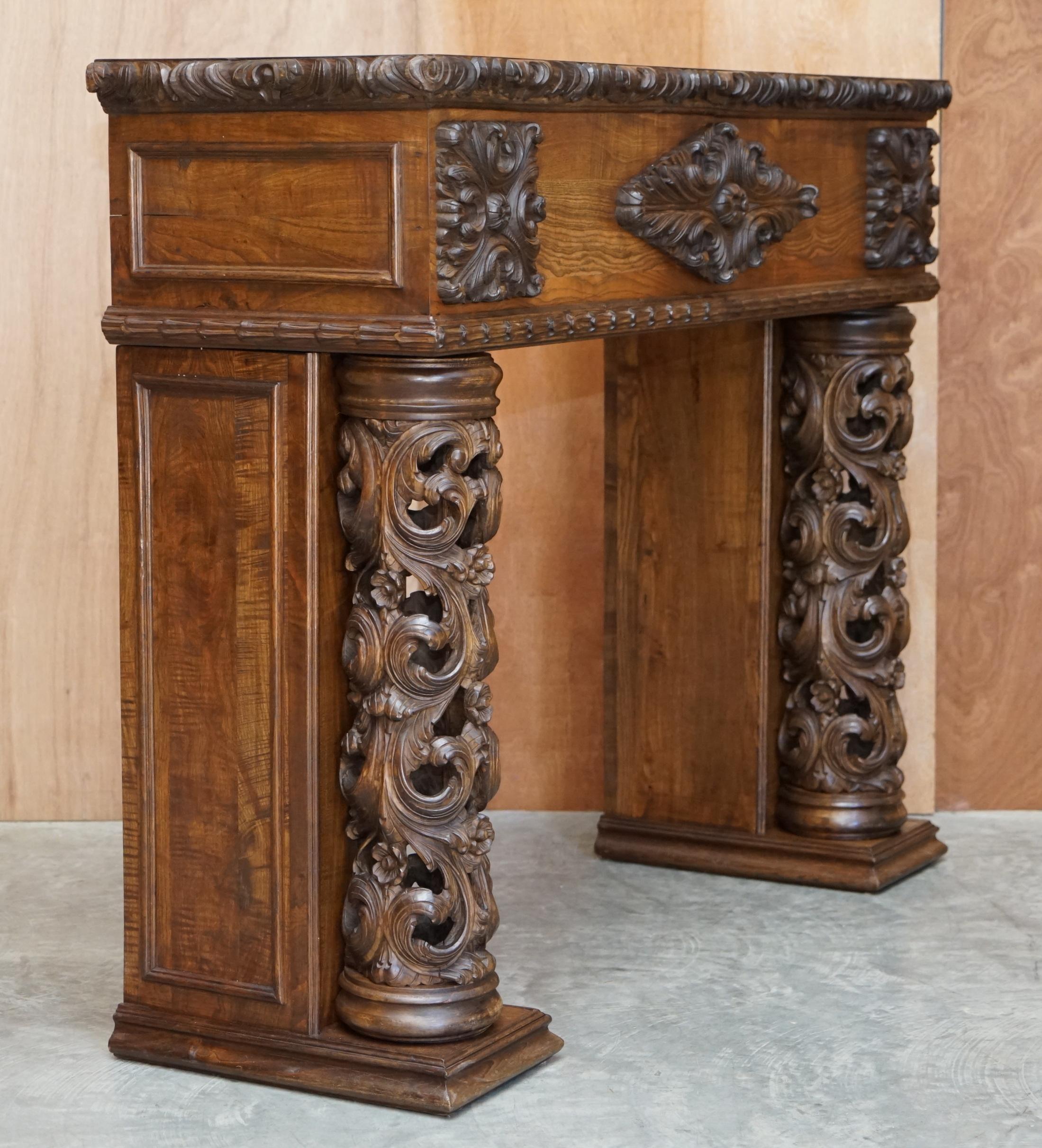 Antique circa 1880 Hand Carved Solid Elm Fireplace Mantlepiece Fretwork Columns For Sale 8