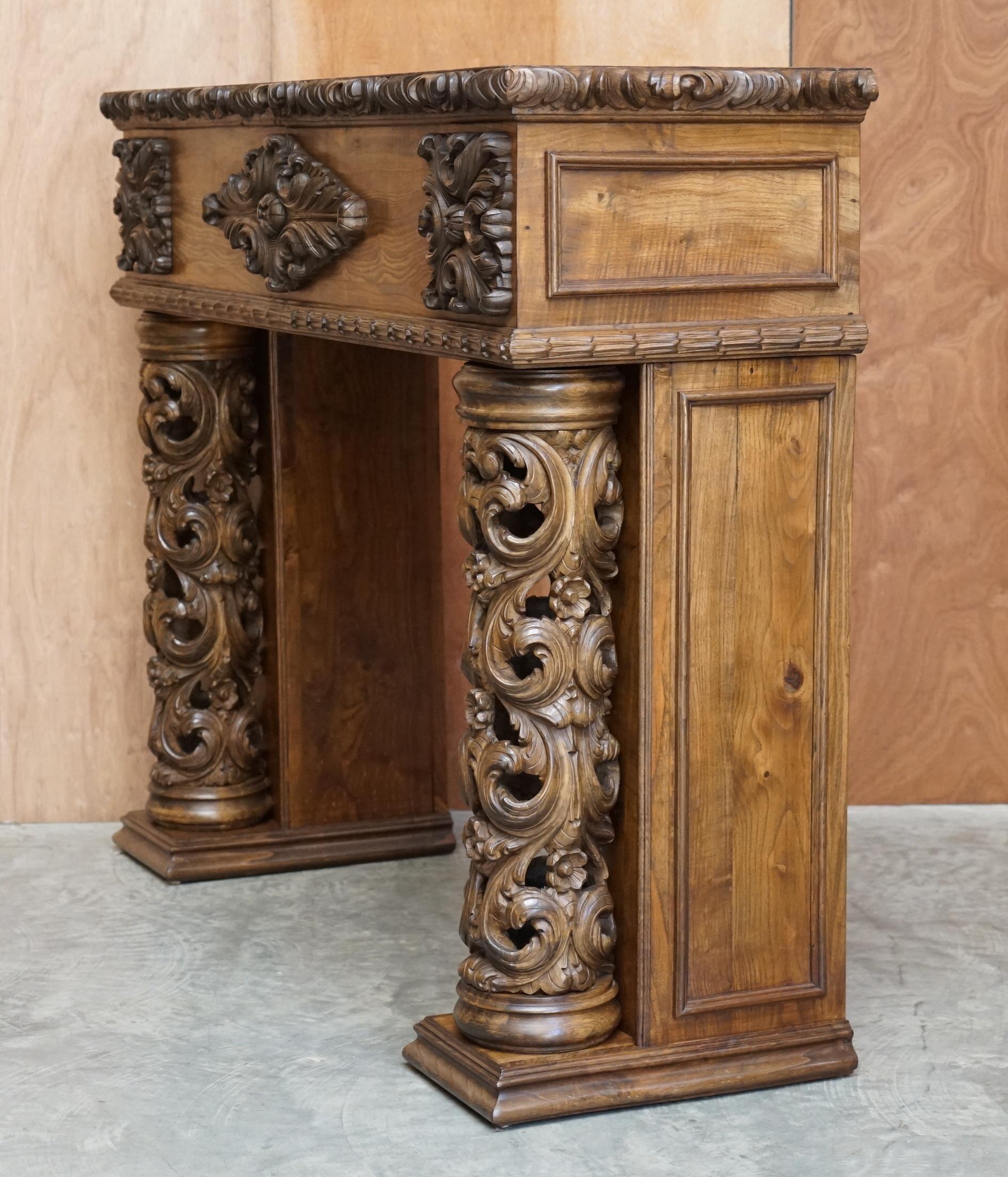 Antique circa 1880 Hand Carved Solid Elm Fireplace Mantlepiece Fretwork Columns For Sale 10