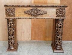 Antique circa 1880 Hand Carved Solid Elm Fireplace Mantlepiece Fretwork Columns