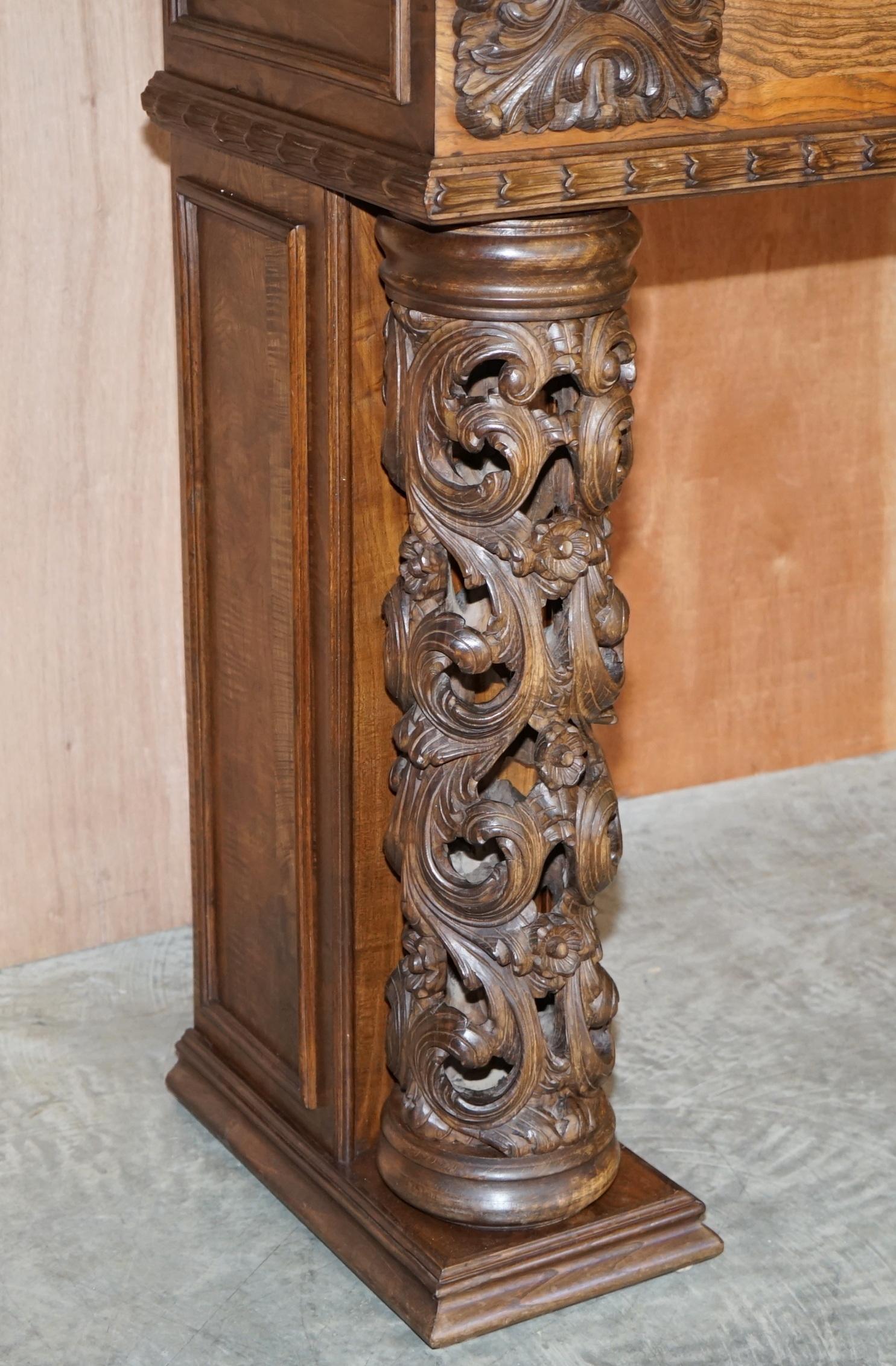 High Victorian Antique circa 1880 Hand Carved Solid Elm Fireplace Mantlepiece Fretwork Columns For Sale