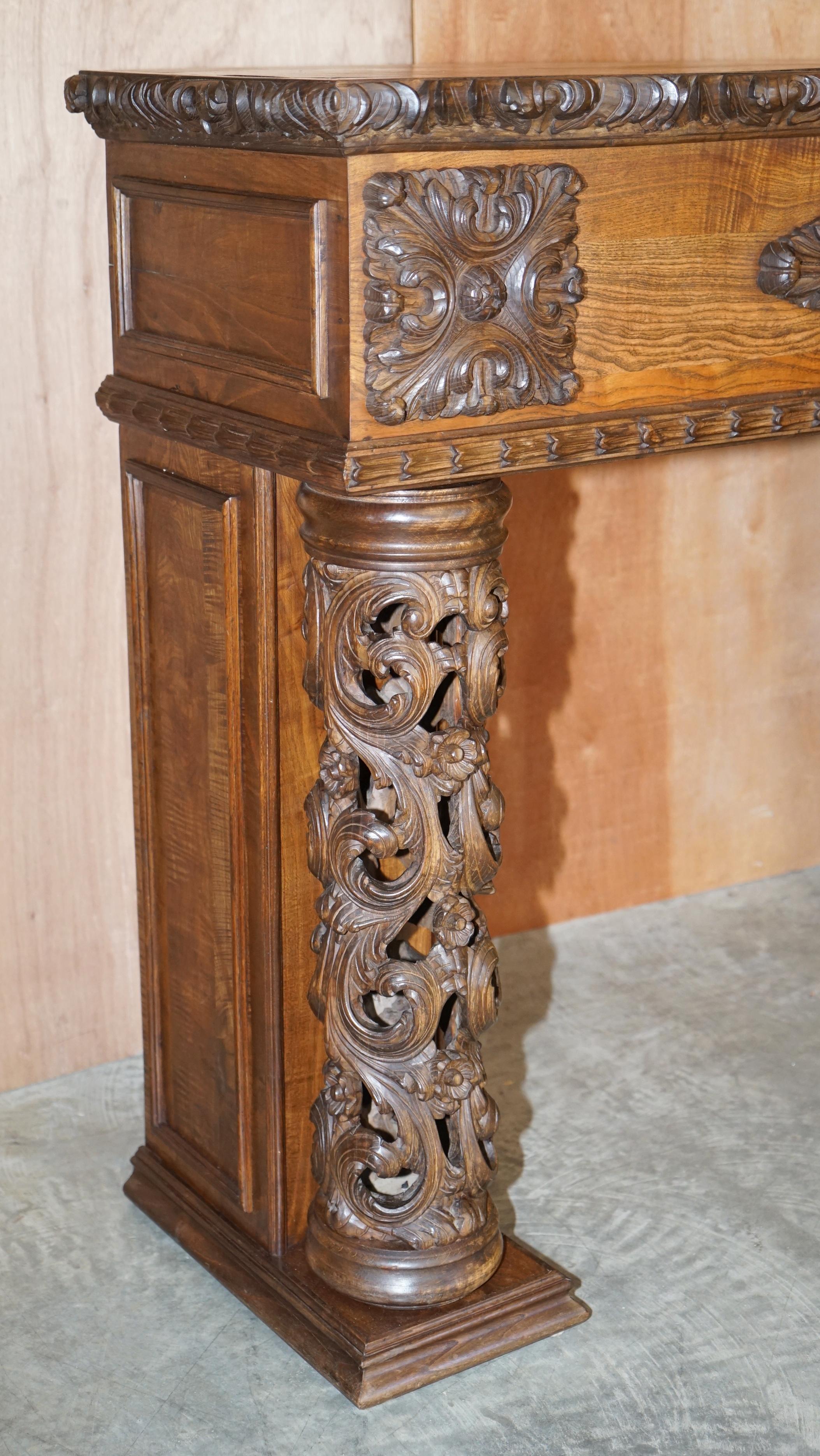 German Antique circa 1880 Hand Carved Solid Elm Fireplace Mantlepiece Fretwork Columns For Sale