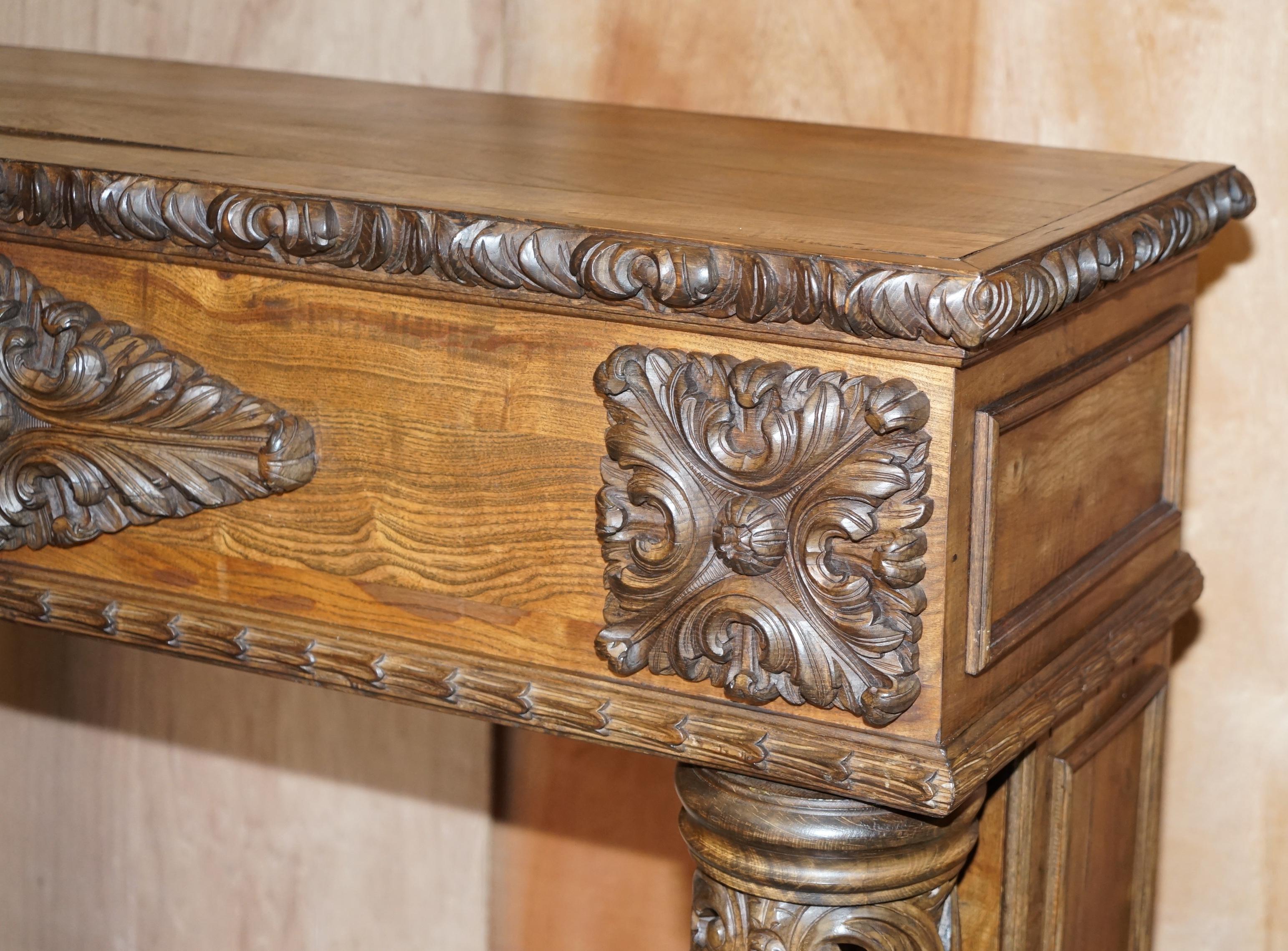 Late 19th Century Antique circa 1880 Hand Carved Solid Elm Fireplace Mantlepiece Fretwork Columns For Sale