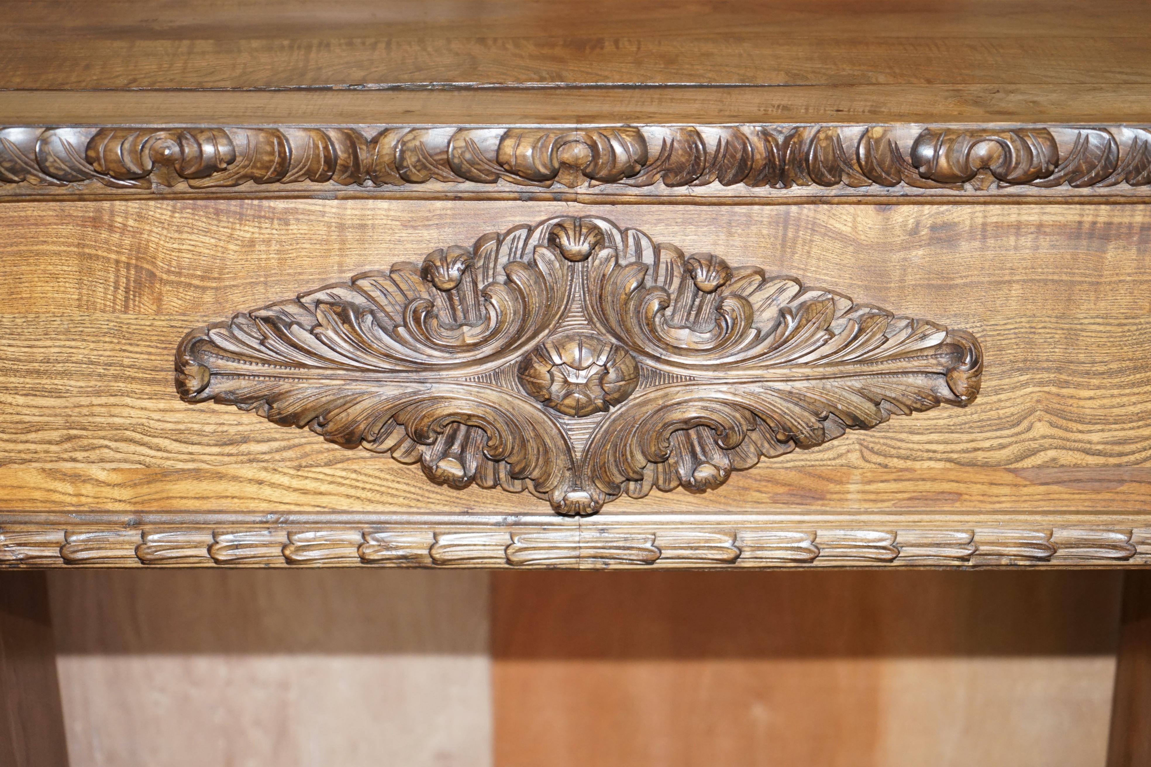 Antique circa 1880 Hand Carved Solid Elm Fireplace Mantlepiece Fretwork Columns For Sale 1