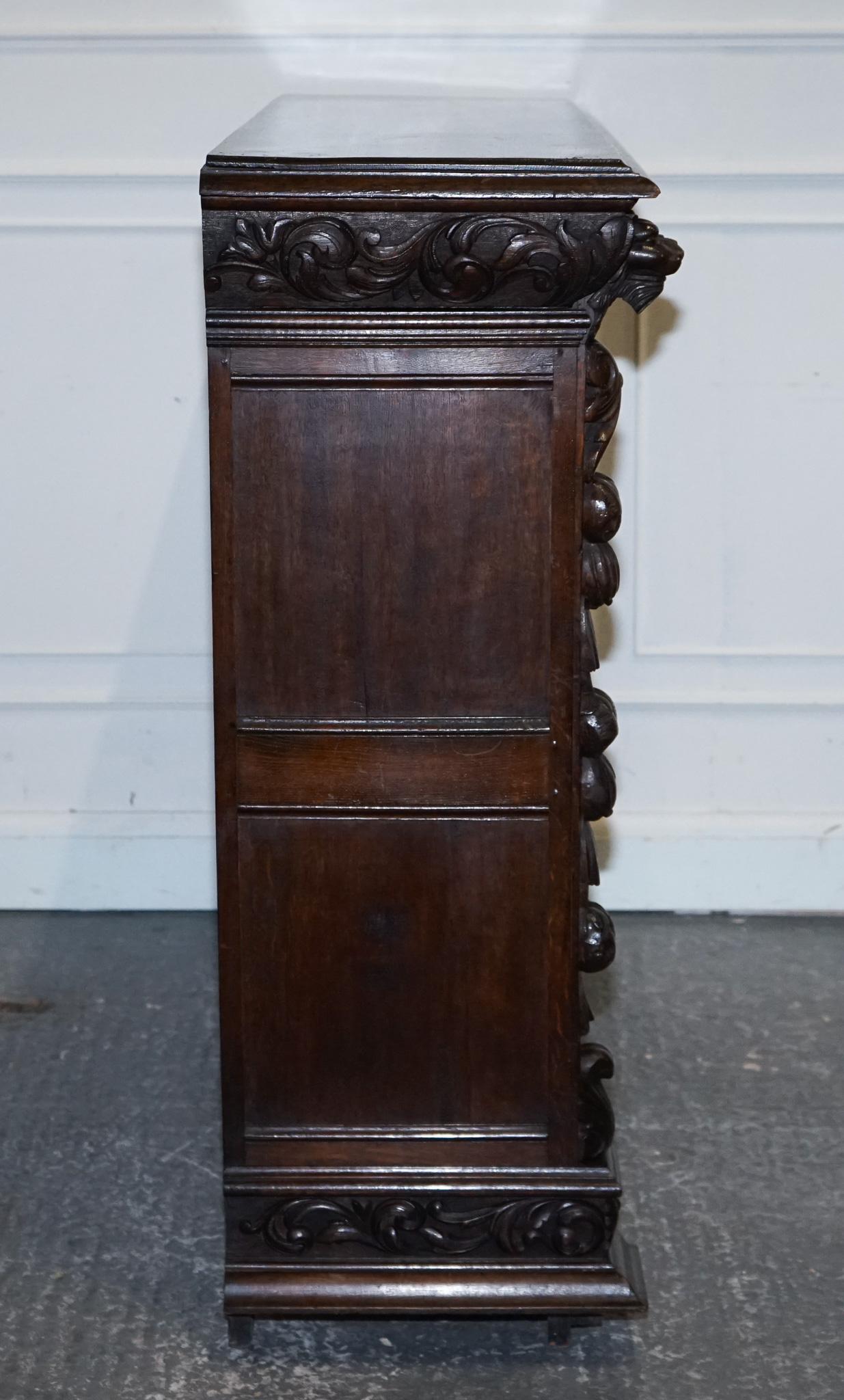 ANTIQUE CIRCA 1880 OAK GREENMAN & LiONHEADS DWARF OPEN BOOKCASE For Sale 8