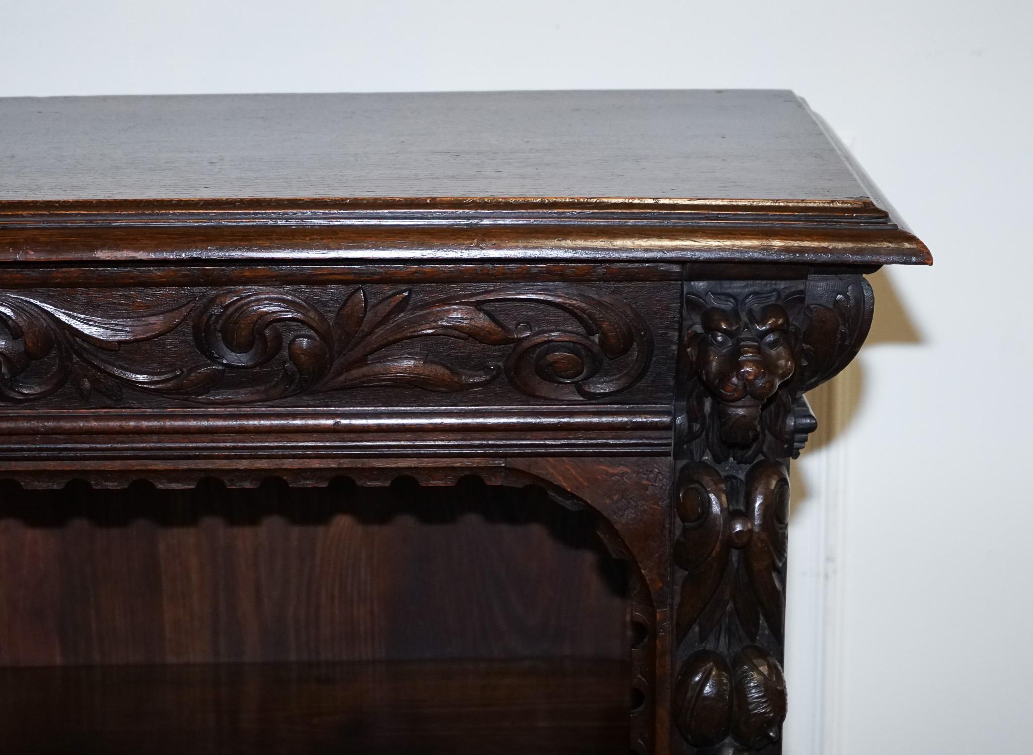 British ANTIQUE CIRCA 1880 OAK GREENMAN & LiONHEADS DWARF OPEN BOOKCASE For Sale