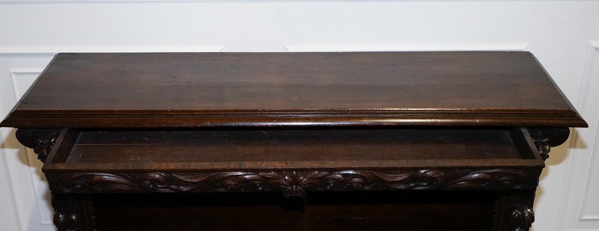 ANTIQUE CIRCA 1880 OAK GREENMAN & LiONHEADS DWARF OPEN BOOKCASE For Sale 1