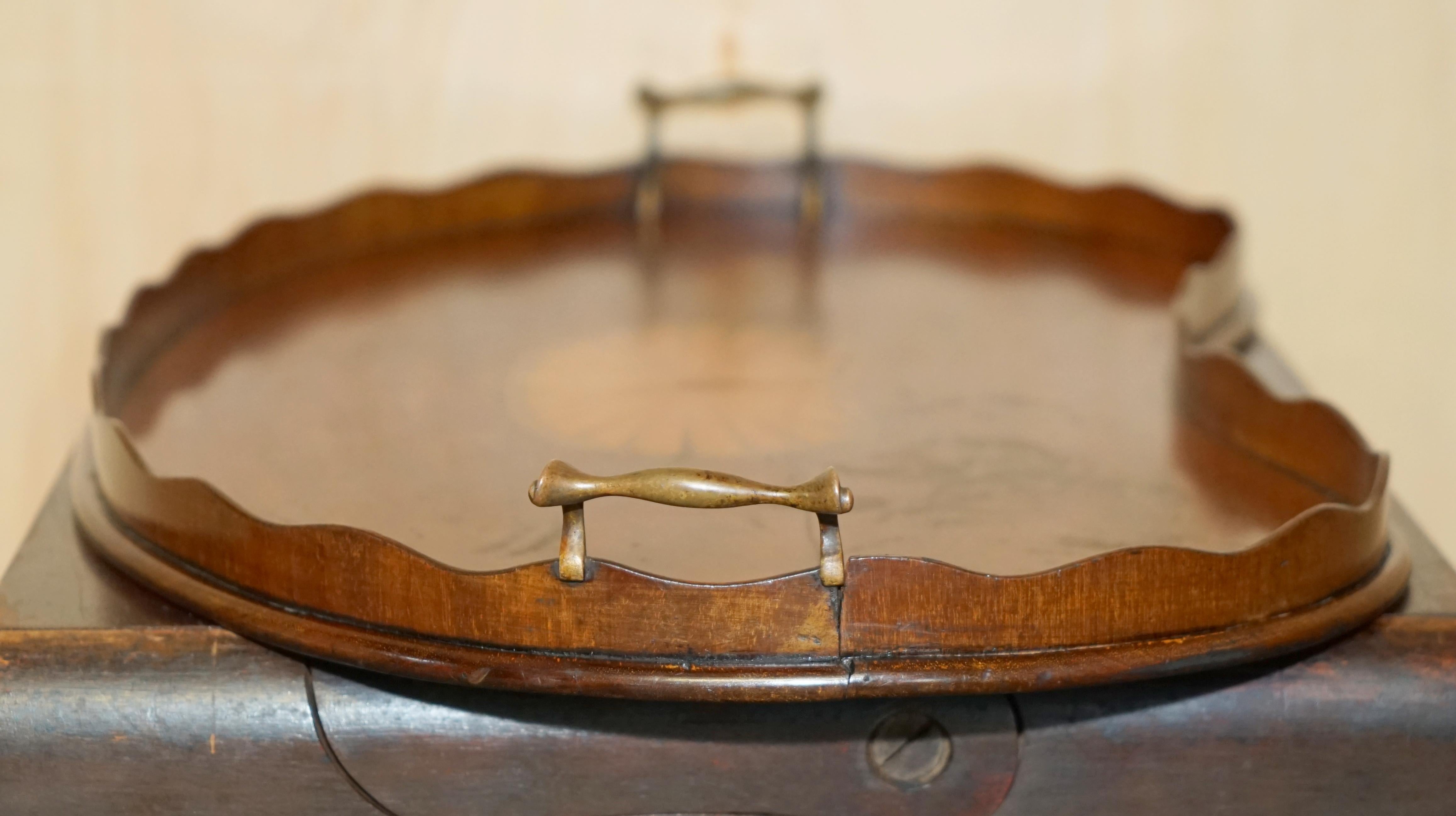 ANTIQUE CiRCA 1880 SHERATON REVIVAL SATINWOOD WALNUT SERVING TRAY BRONZE HANDLEs For Sale 9