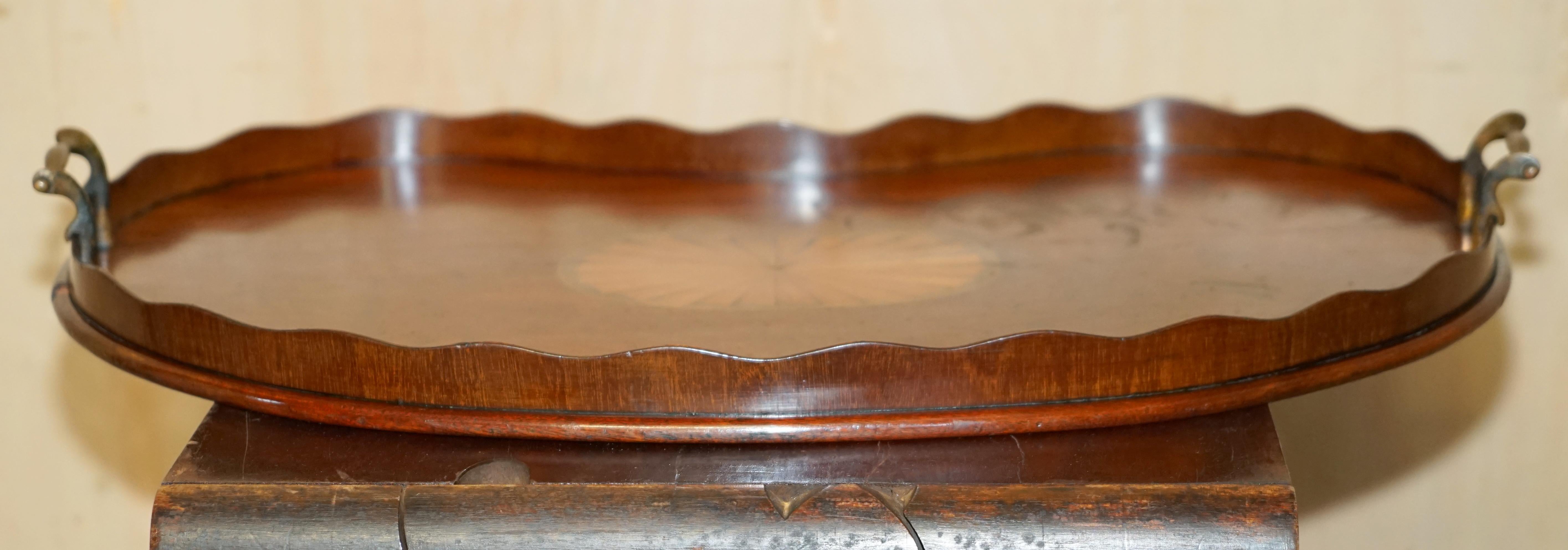 ANTIQUE CiRCA 1880 SHERATON REVIVAL SATINWOOD WALNUT SERVING TRAY BRONZE HANDLEs For Sale 10