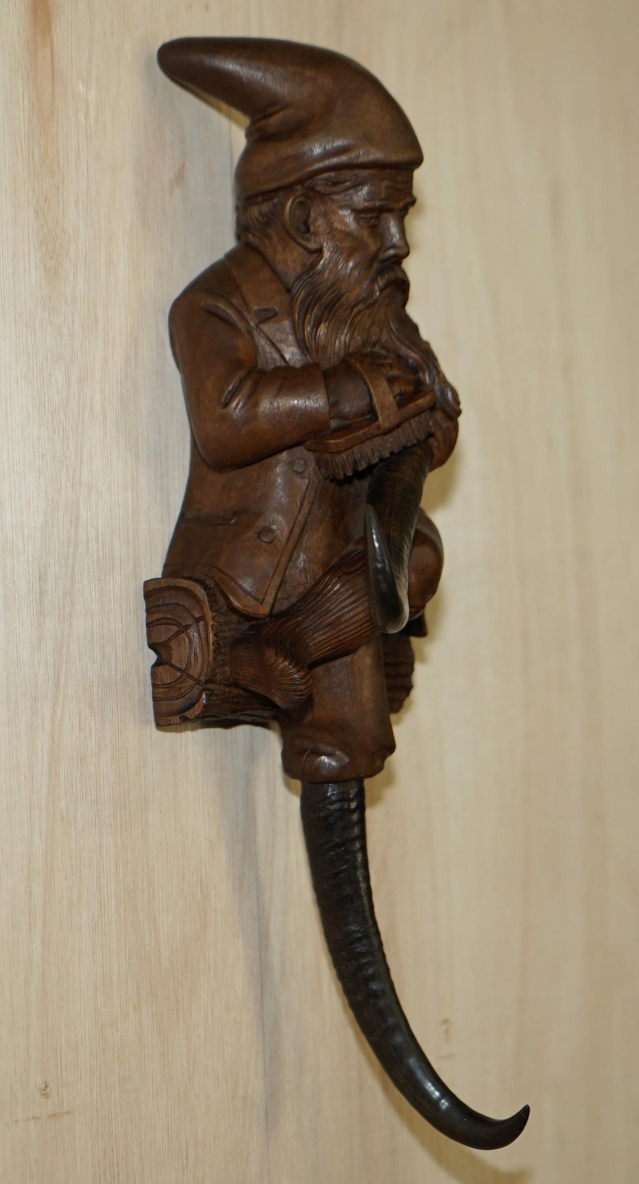 Antique circa 1880 Super Rare Black Forest Hand Carved Dwarf Knome Whip Hook 1