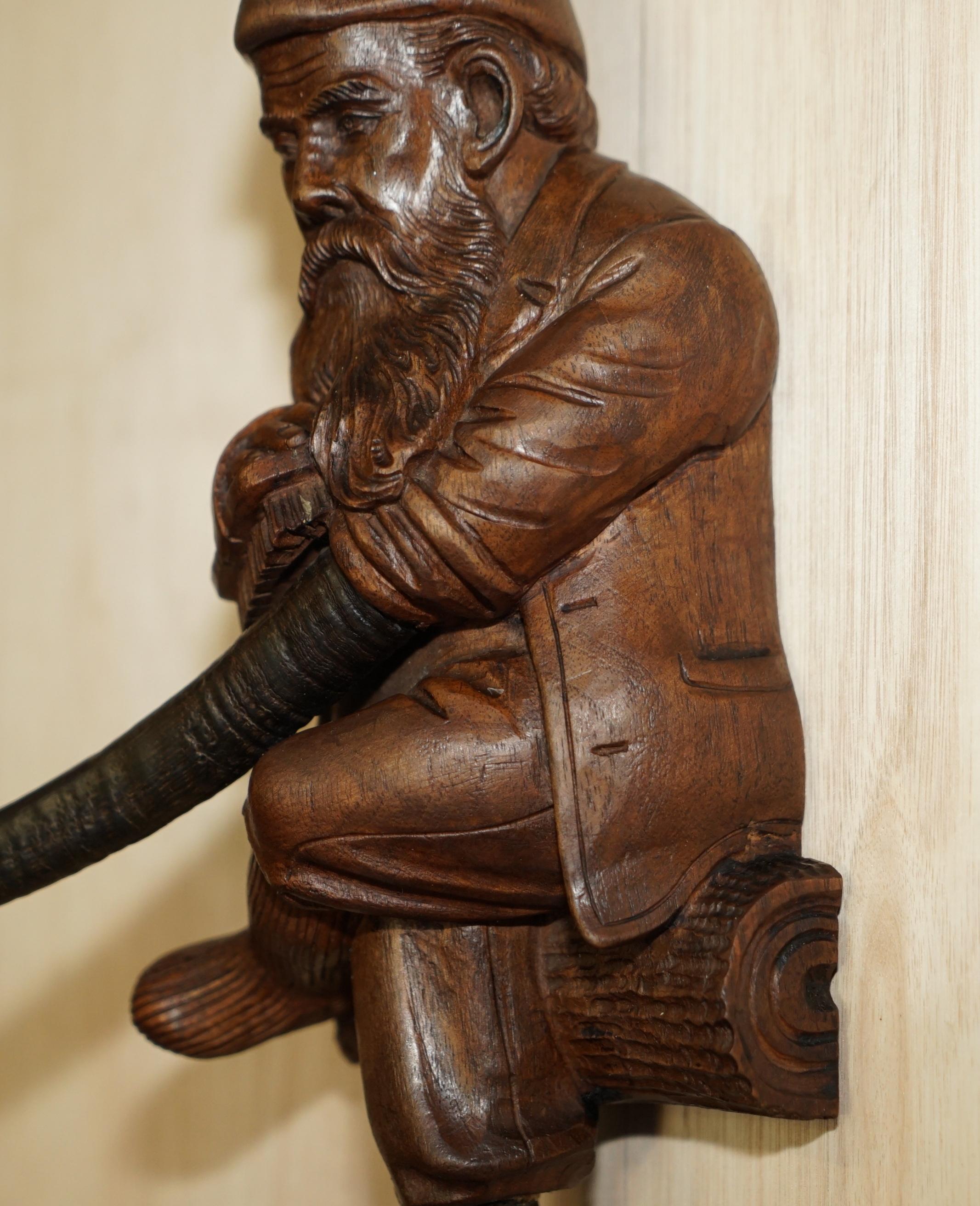 Wood Antique circa 1880 Super Rare Black Forest Hand Carved Dwarf Knome Whip Hook