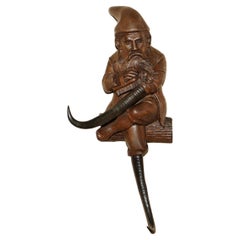 Antique circa 1880 Super Rare Black Forest Hand Carved Dwarf Knome Whip Hook