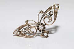 Antique Circa 1880s 14k Gold Natural Rose Cut Diamond ButterFly Brooch
