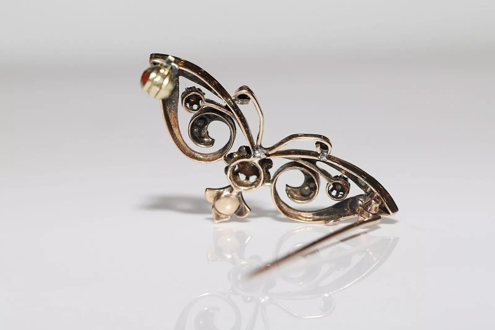 Antique Circa 1880s 14k Gold Natural Rose Cut Diamond ButterFly Brooch For Sale 1