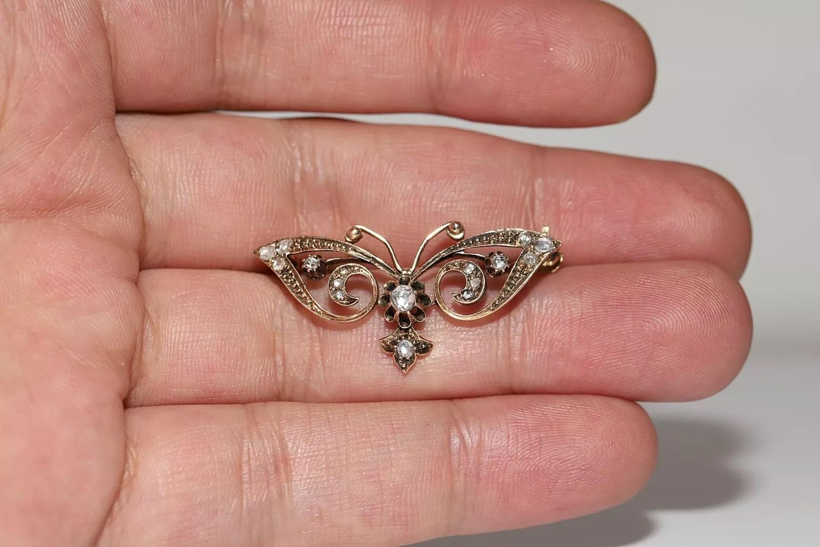 Antique Circa 1880s 14k Gold Natural Rose Cut Diamond ButterFly Brooch For Sale 2