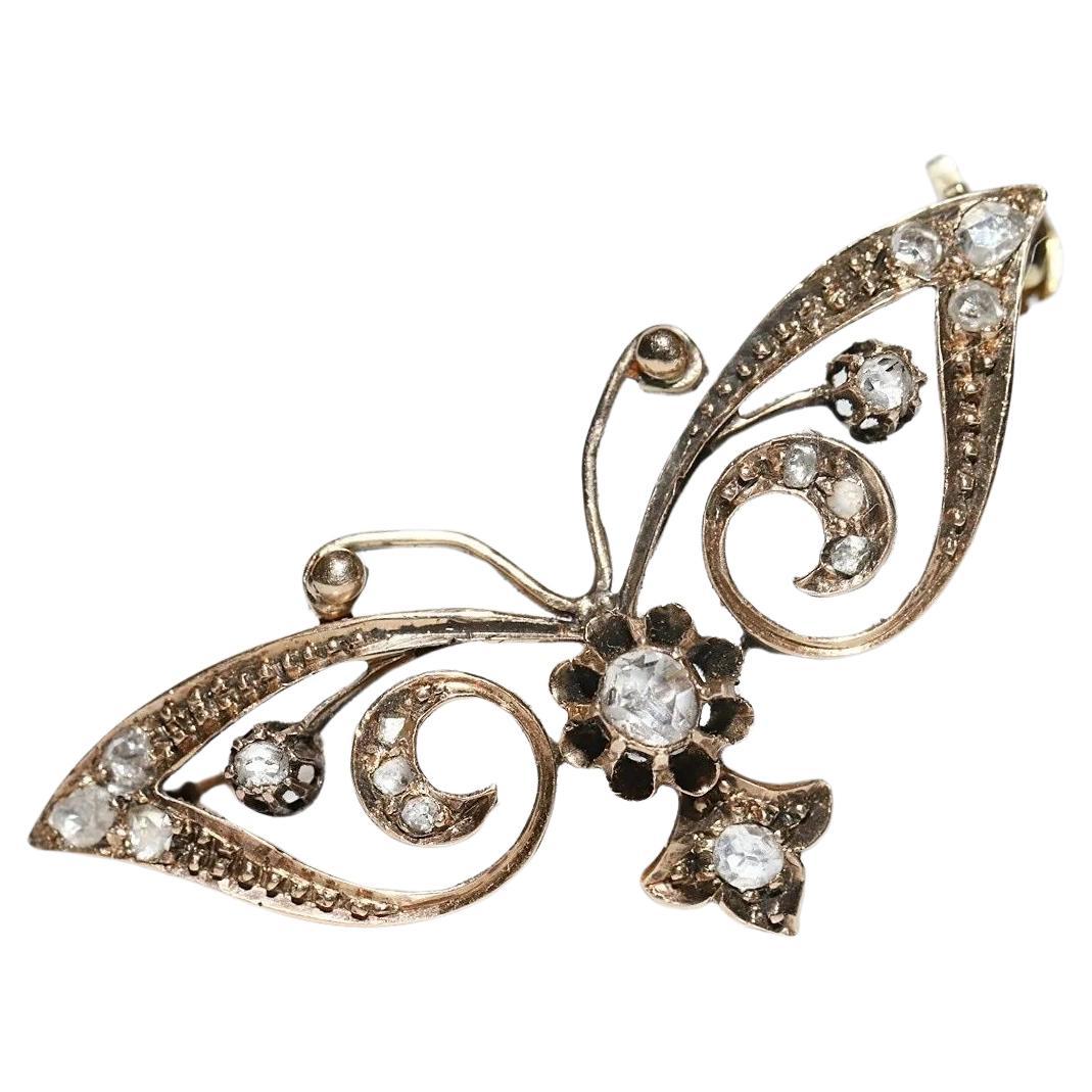 Antique Circa 1880s 14k Gold Natural Rose Cut Diamond ButterFly Brooch For Sale